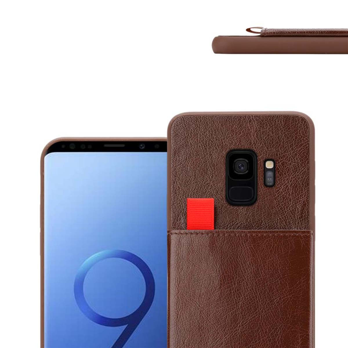Custodia marrone per telefono con linguetta rossa e telefono. Il telefono è visibile.