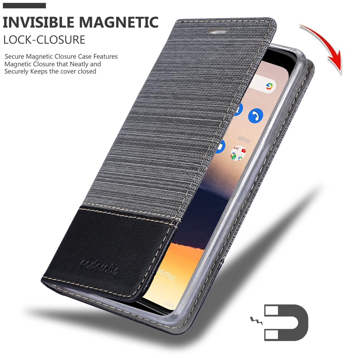 Una custodia per telefono con coperchio aperto che mostra lo schermo. Testo: 'Invisible Magnetic Lock-Closure'.