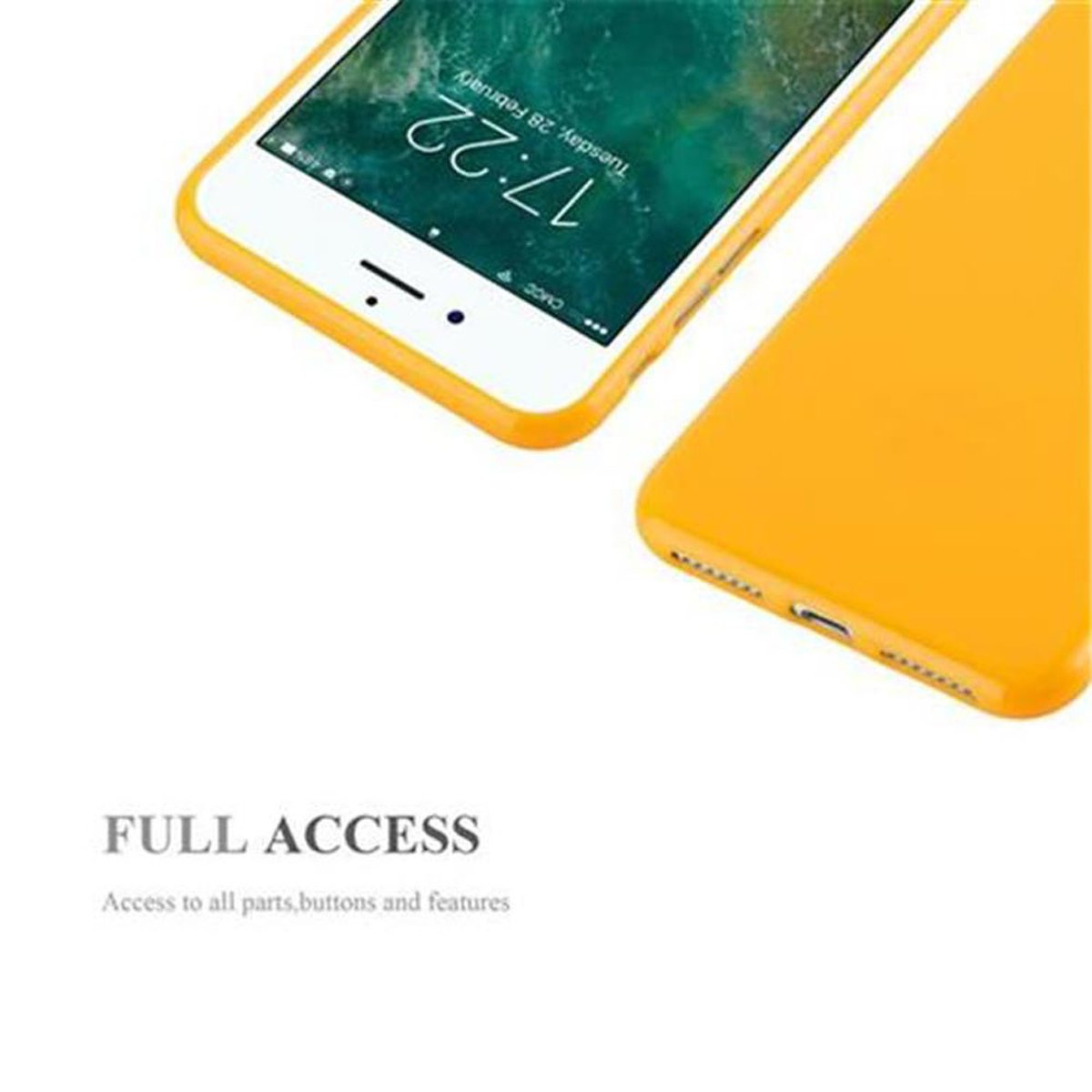 Telefono e custodia gialli. Testo: 'ACCESSO COMPLETO'. Accesso a tutte le parti, pulsanti e funzioni.