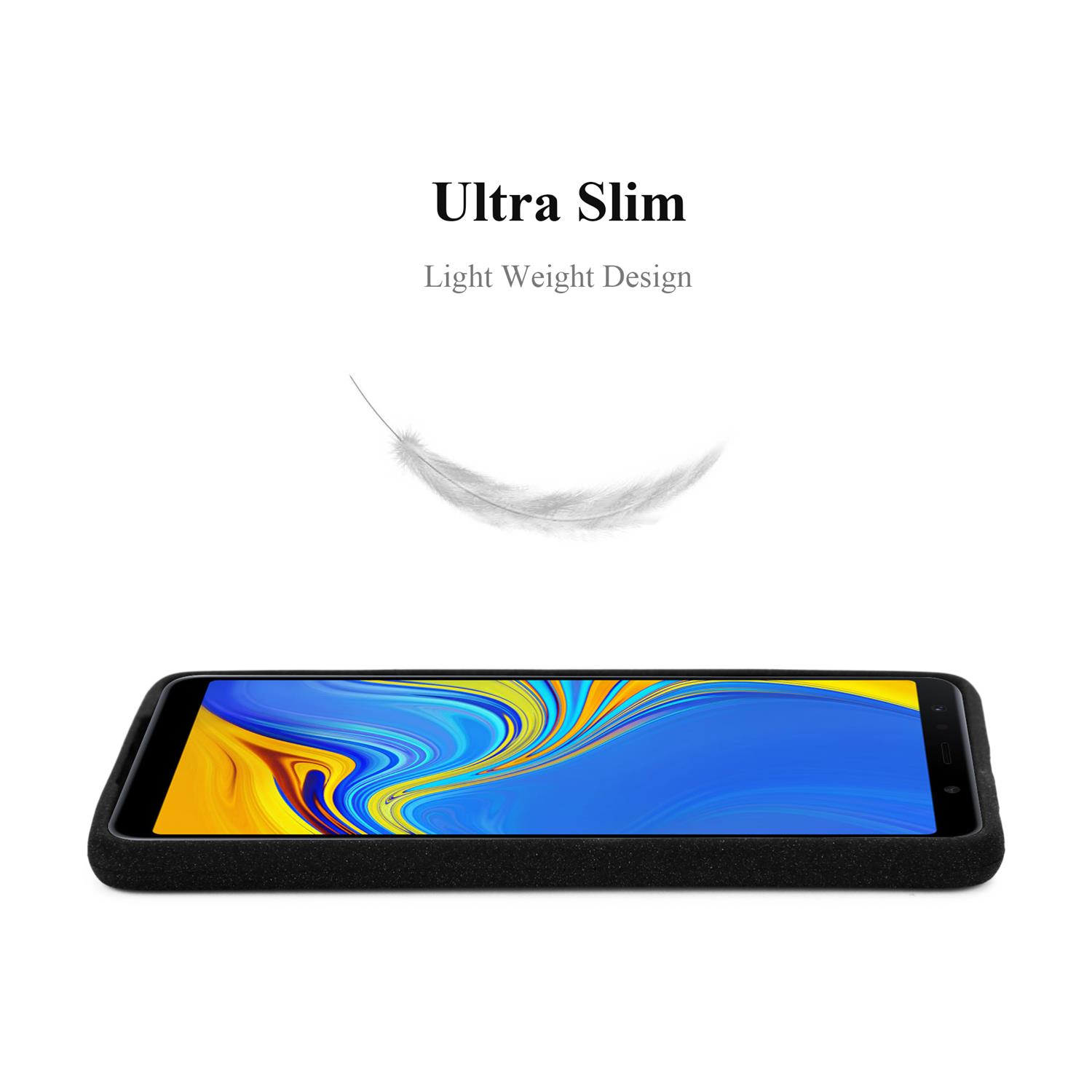 Custodia nera per telefono su sfondo bianco con piuma, testo 'Ultra Slim'.