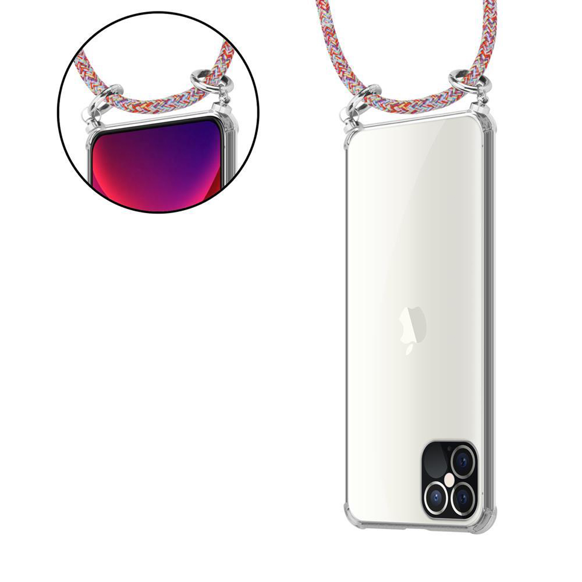 Telefon mit transparentem Gehäuse und geflochtenem Riemen. Die Handyhülle ist mit einem Ring befestigt. Der Bildschirm ist sichtbar.