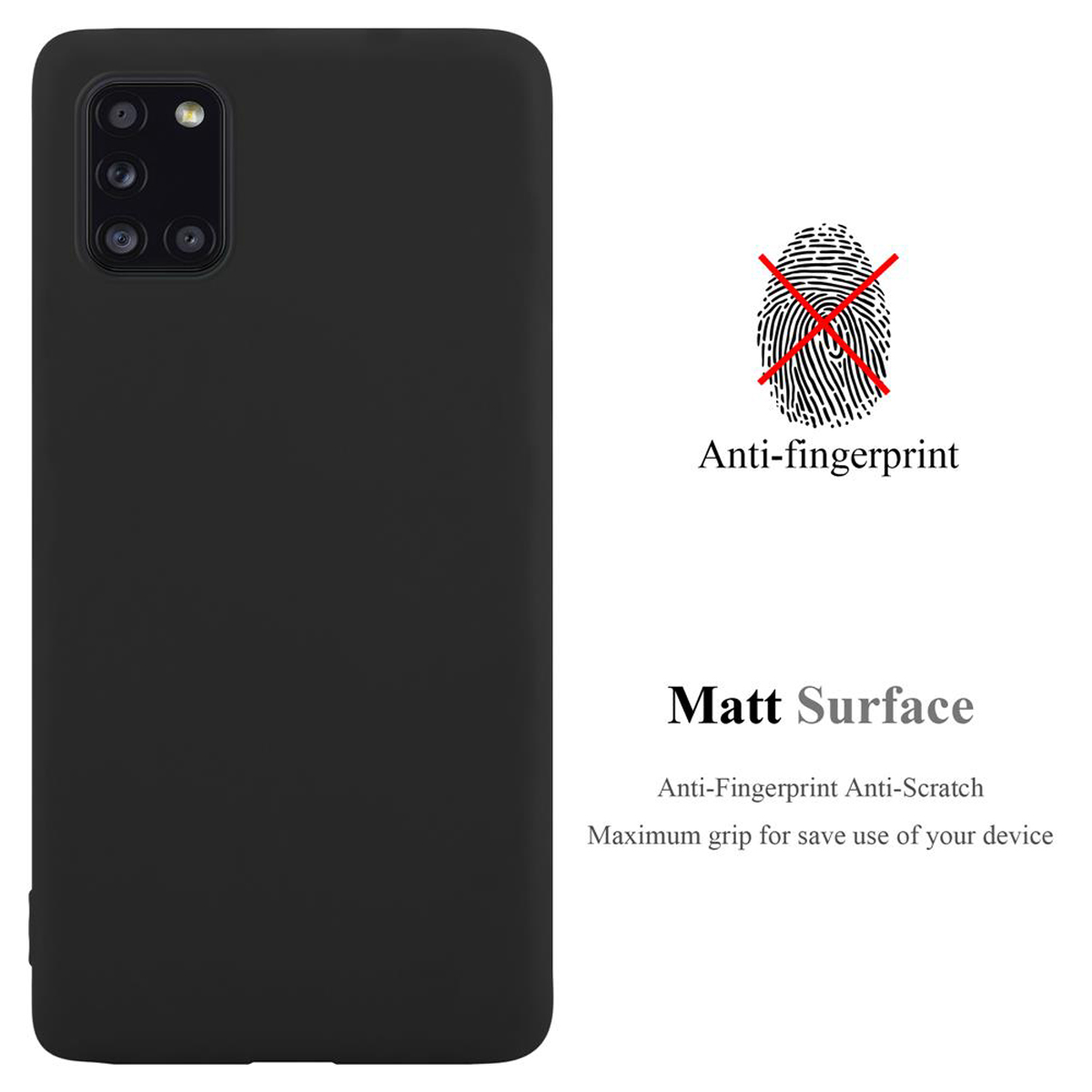 Custodia nera per telefono su sfondo bianco. Il testo recita: "Anti-impronte" e "Superficie opaca".