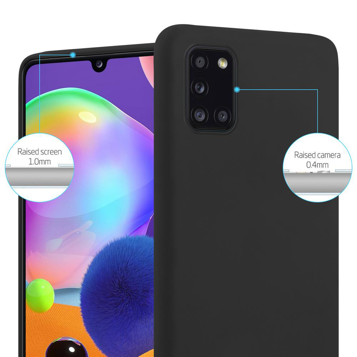 Custodia per telefono nera con schermo rialzato e protezione della fotocamera su sfondo astratto colorato.