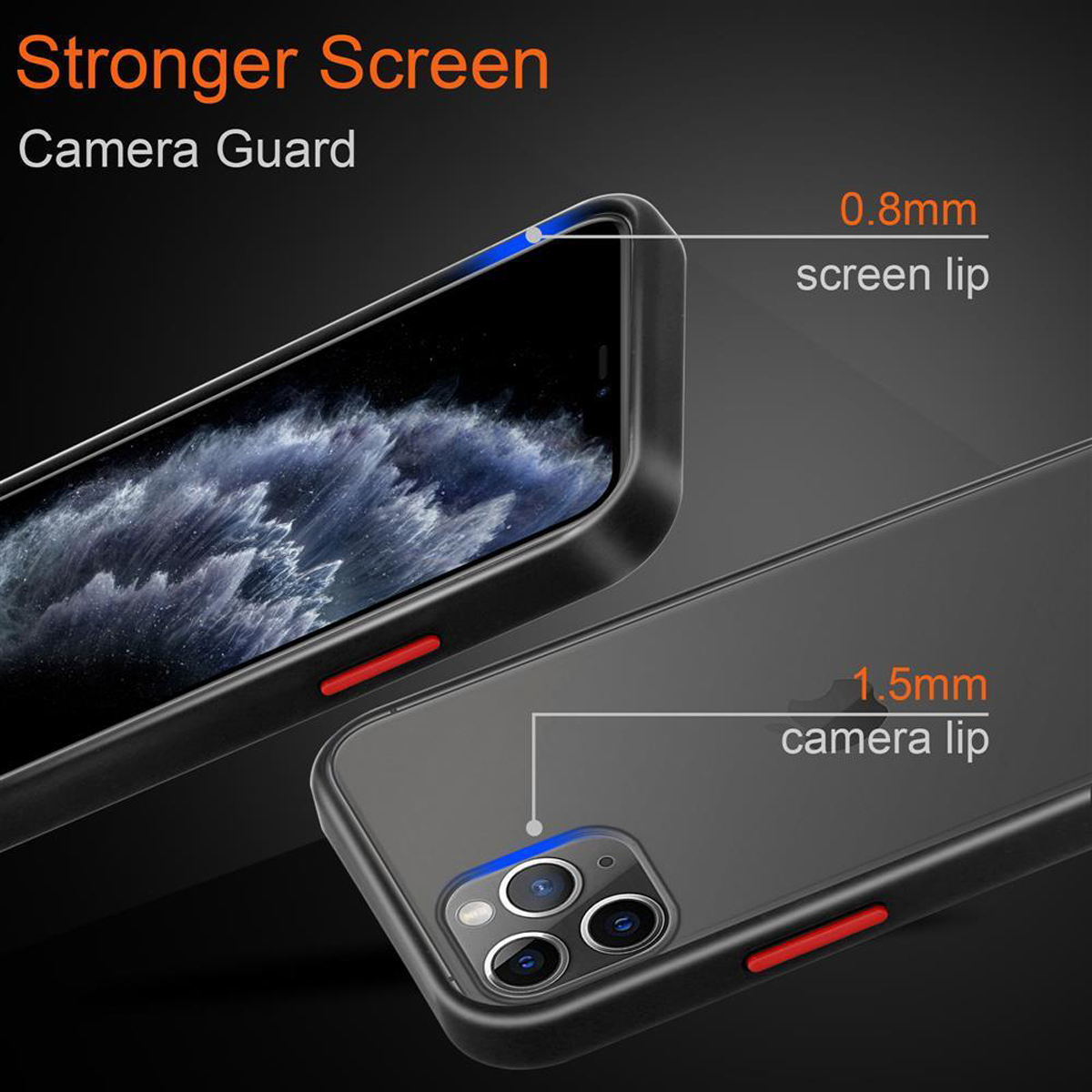 Custodia per telefono con cornice nera. La custodia ha bordi per schermo e fotocamera.