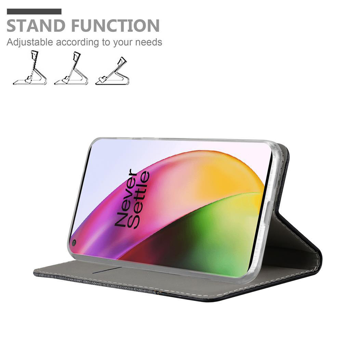 Handyhülle mit Standfunktion. Telefon liegt auf dem Cover und zeigt ein farbenfrohes Bild.