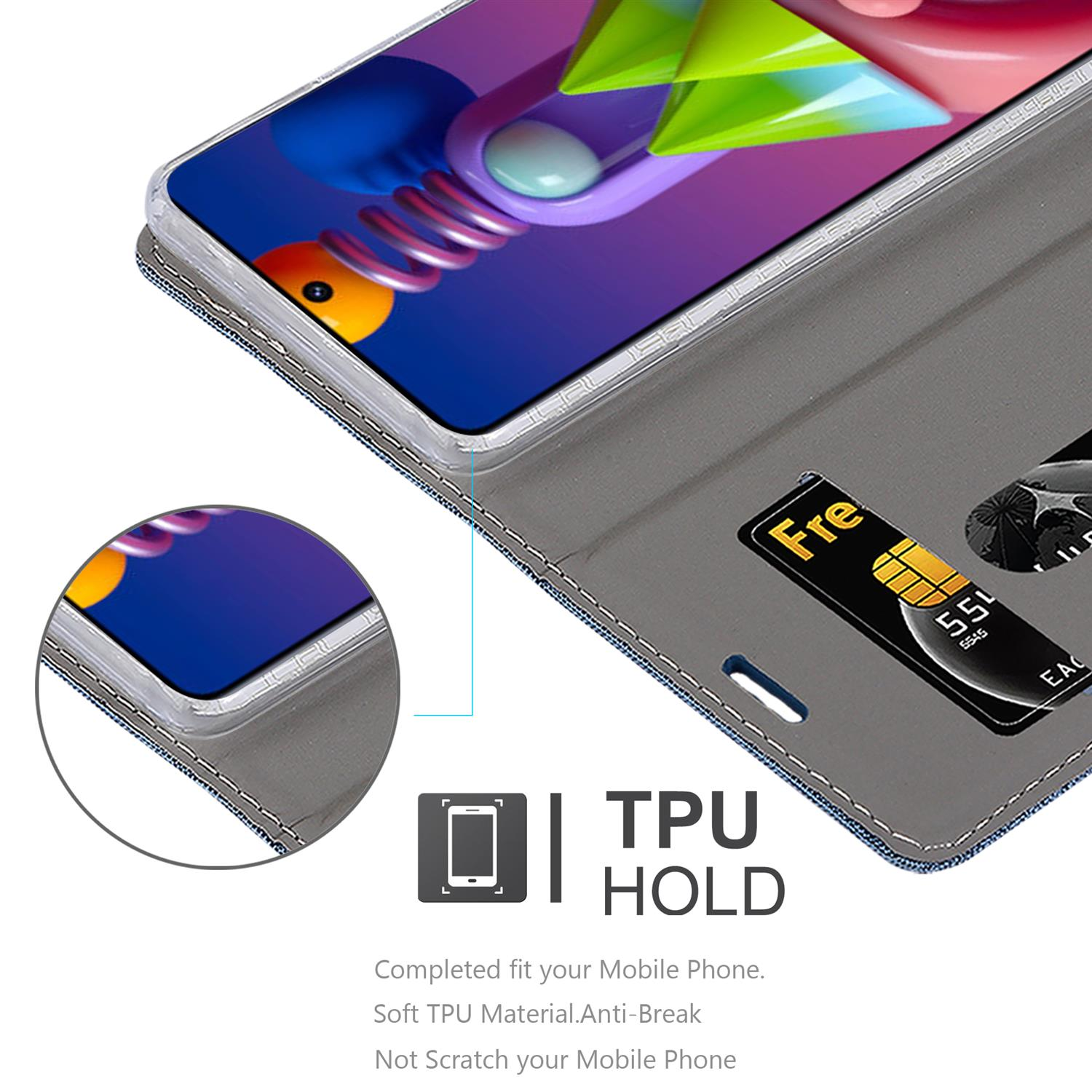 Primo piano di custodia del telefono con slot per schede. Schermo visibile.