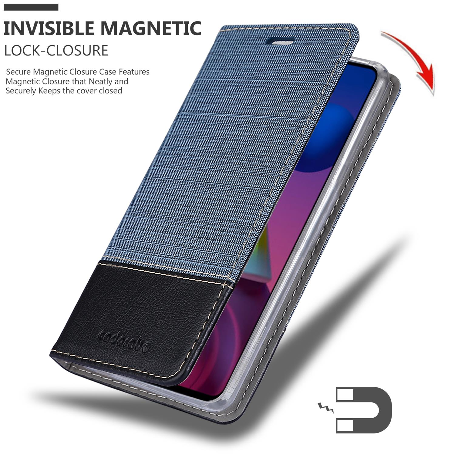 Una custodia per telefono con una copertura a motivo denim. La custodia è aperta, rivelando lo schermo del telefono. Un magnete è visibile.