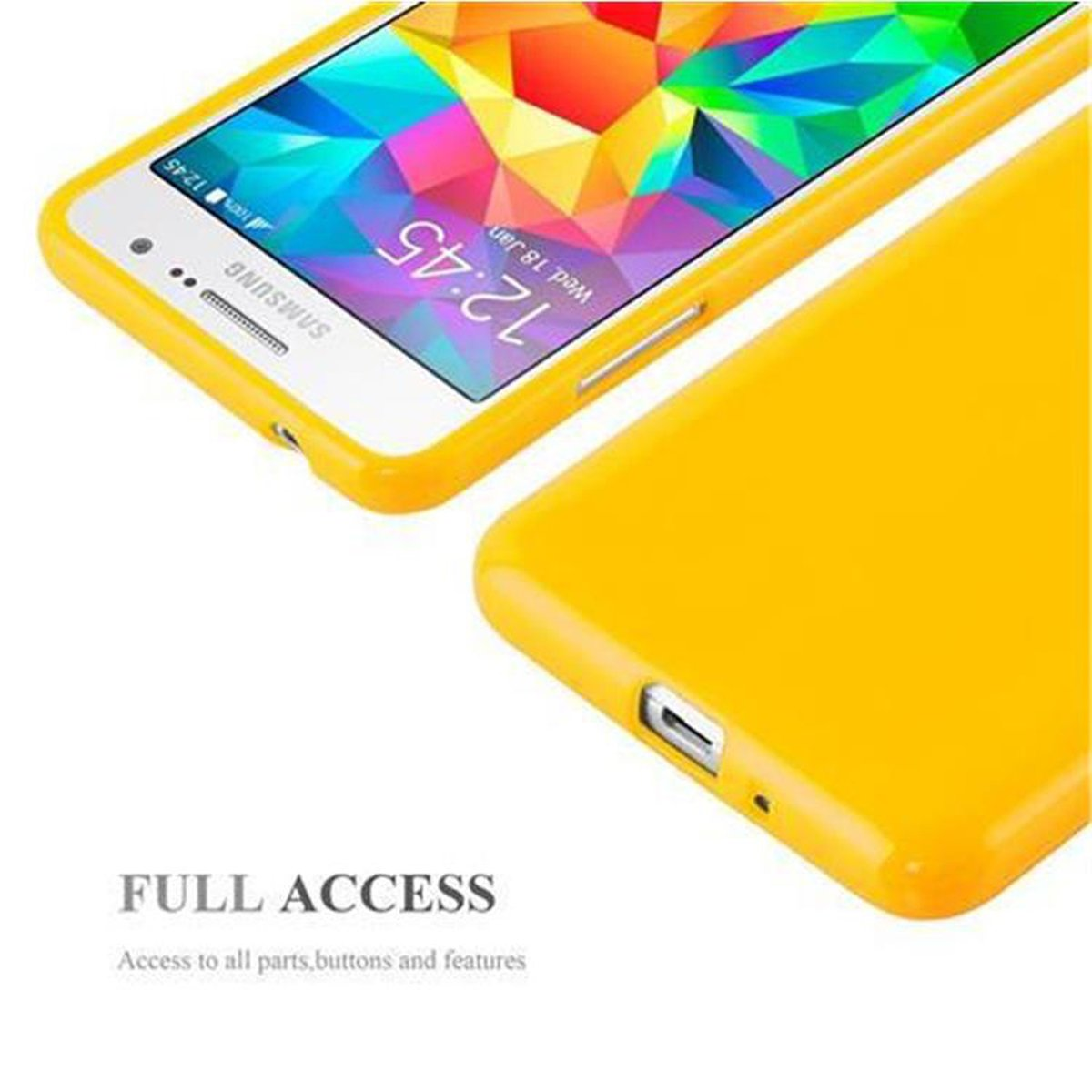 Funda de teléfono amarilla con teléfono. El teléfono muestra una IU.