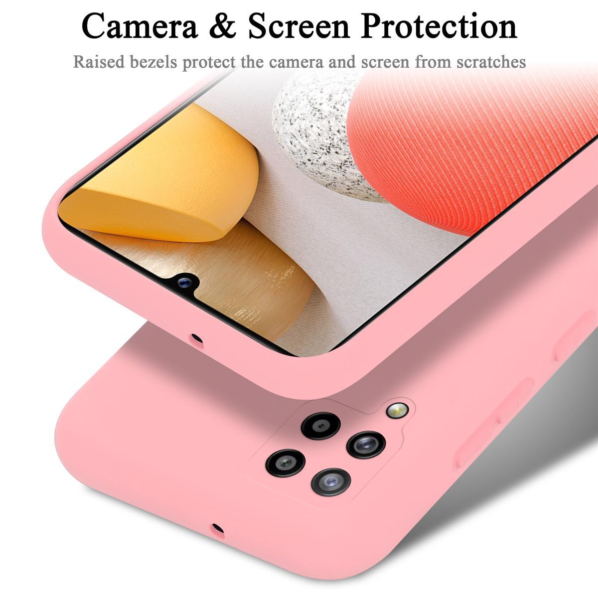 Rosa Handyhülle mit Telefon darin. Kamera und Bildschirmrahmen hervorgehoben.