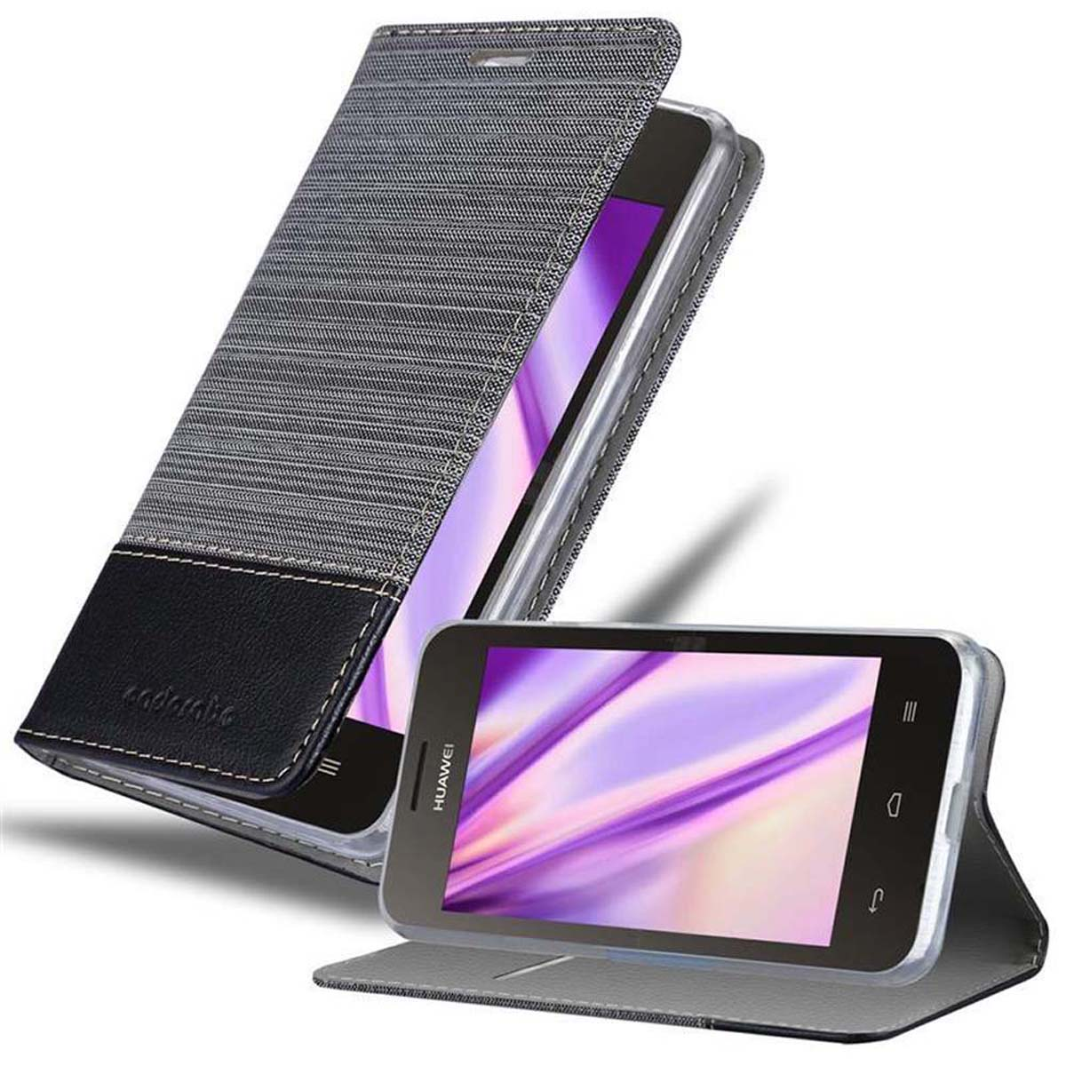 Deux téléphones dans des étuis. L'un est ouvert, montrant un écran violet. L'autre est fermé. Couvertures grises et noires.