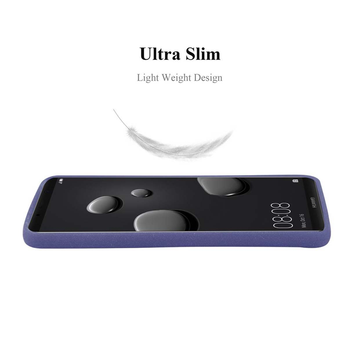 Un telefono viola steso piatto, con le parole Ultra Slim e Light Weight Design sopra.