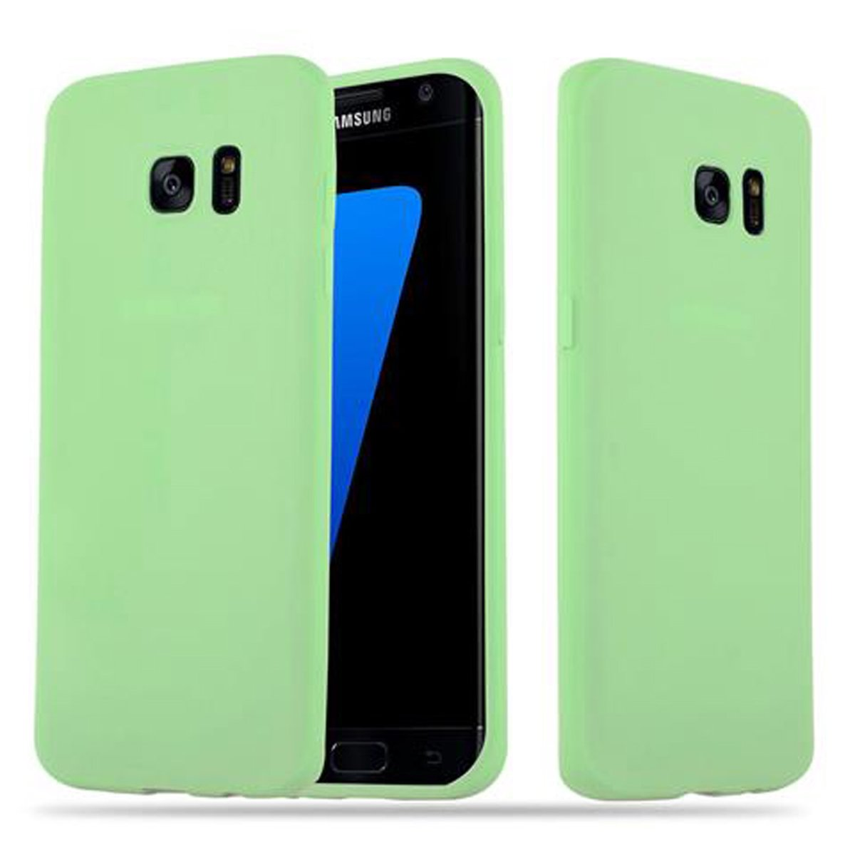 Dos fundas para teléfono verde menta. El teléfono es negro con pantalla azul dentro.
