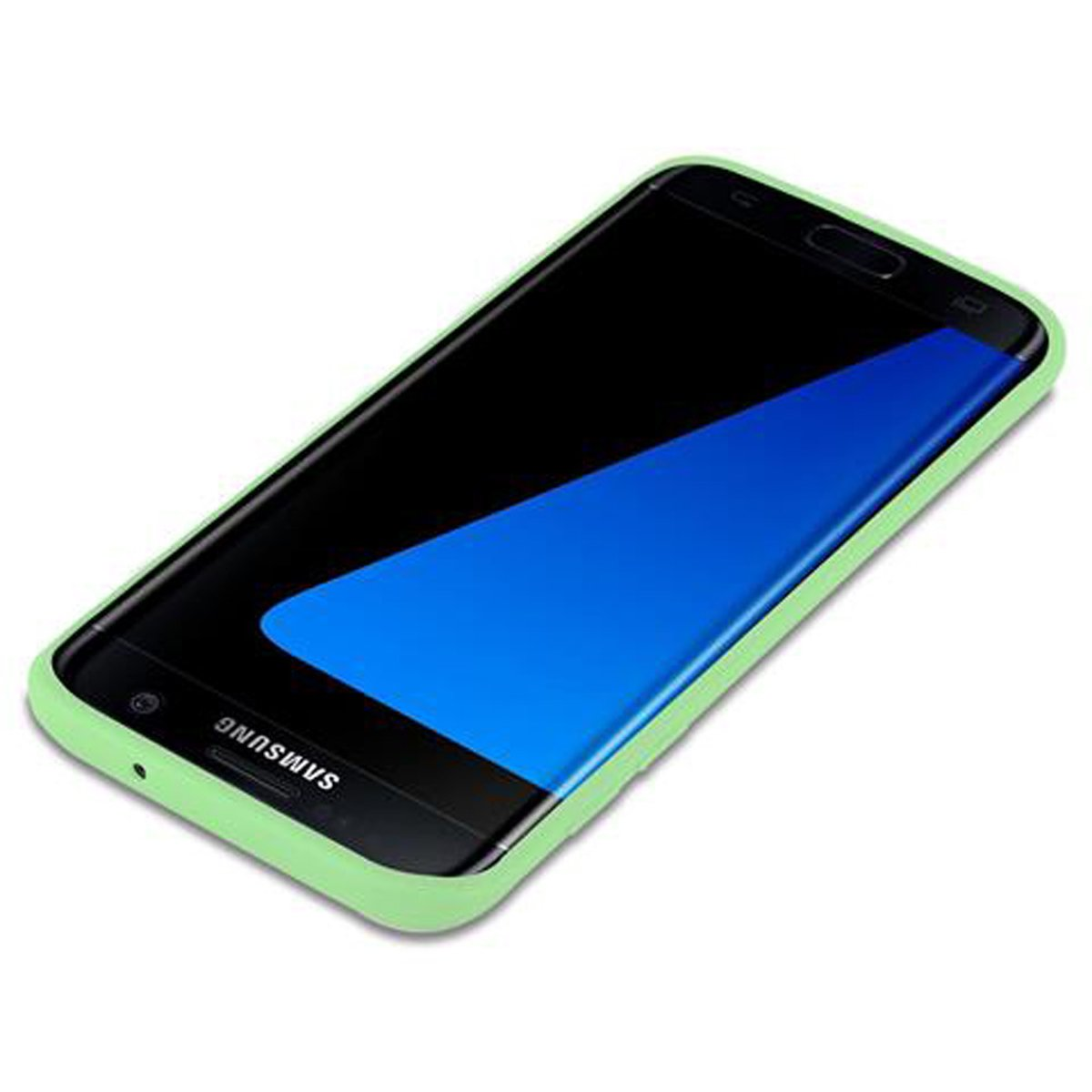 Un teléfono en una funda verde claro. La pantalla es negra con una barra azul en ángulo en el centro.