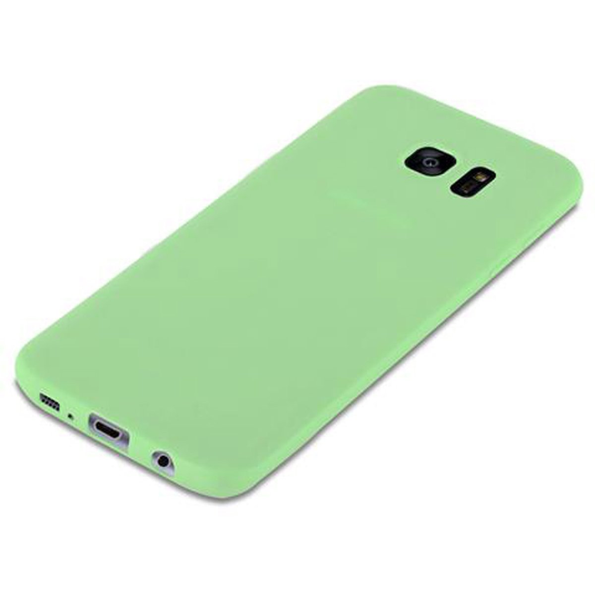 Una funda de teléfono verde menta, con cámara y flash en la parte posterior, sobre una superficie blanca.