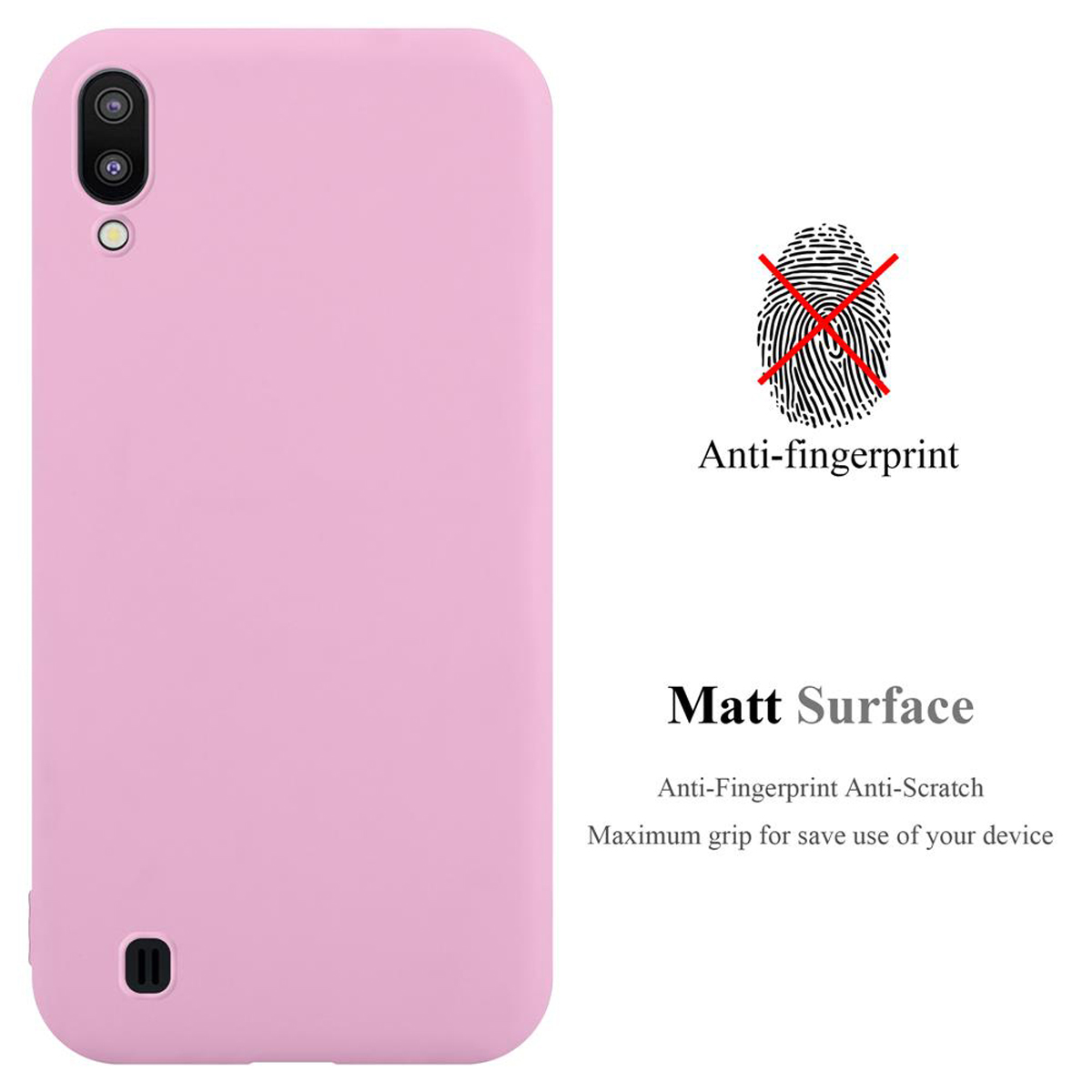 Una custodia rosa per telefono con anti-impronte e superficie opaca. Il testo descrive le caratteristiche del prodotto.