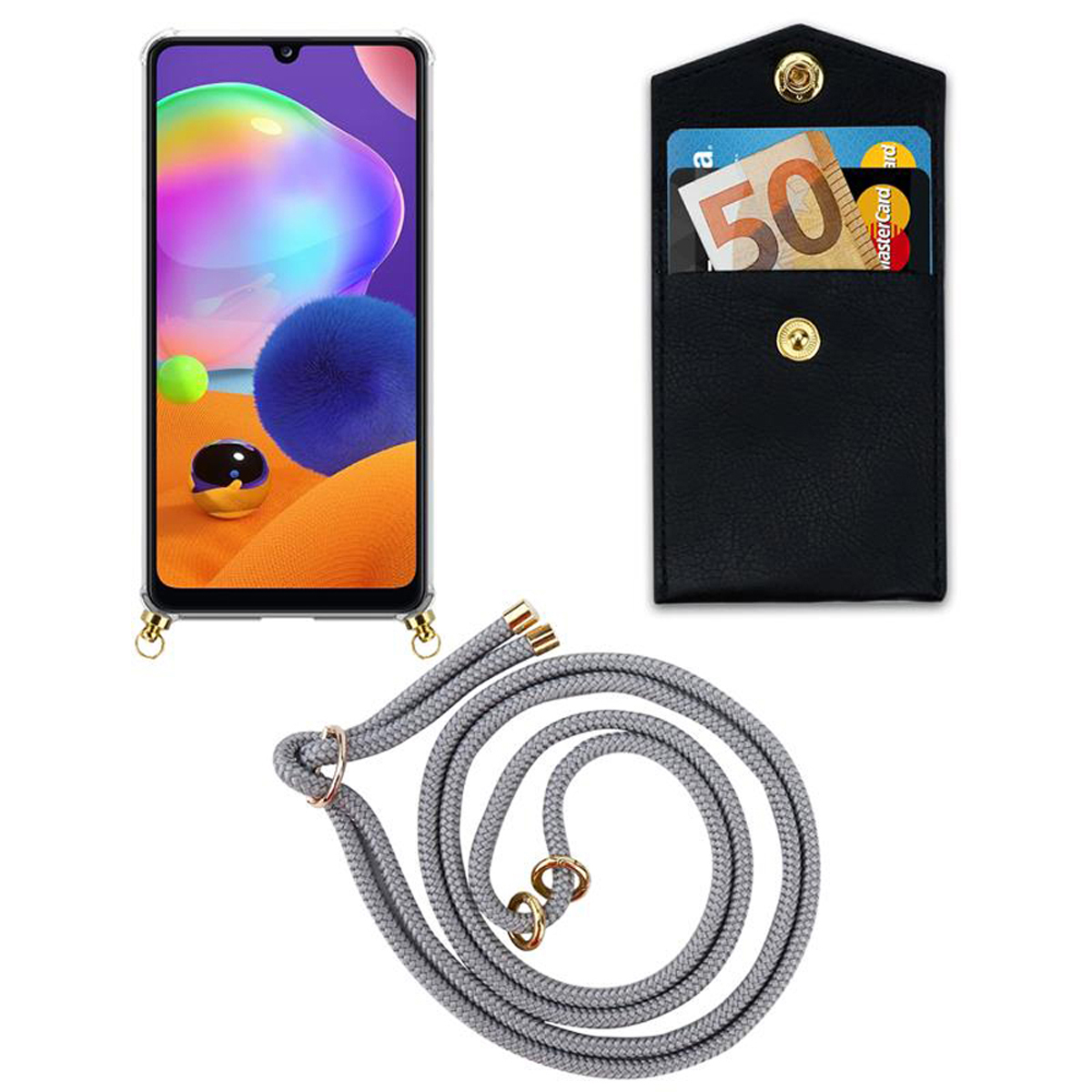 Handy Band Ringen, Samsung, Galaxy A31, abnehmbarer Kette CADORABO Gold Backcover, Hülle, GRAU und SILBER Kordel mit