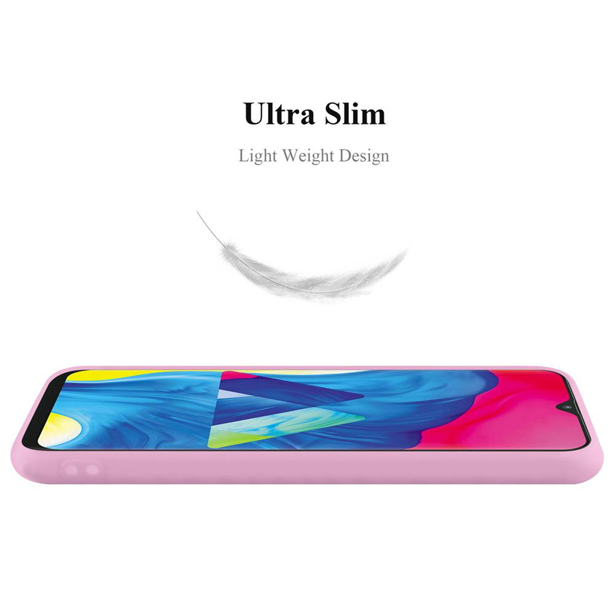 Una custodia per telefono rosa. Il testo sopra recita 'Ultra Slim'. Un'immagine di piuma. Design leggero.