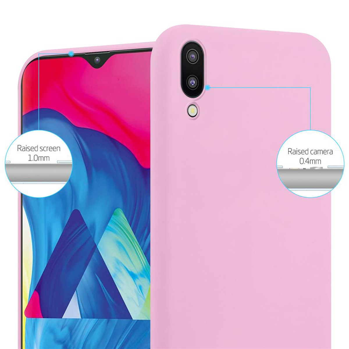 Custodia rosa con sfondo rosa. Il diagramma mostra le aree rialzate dello schermo e della fotocamera.