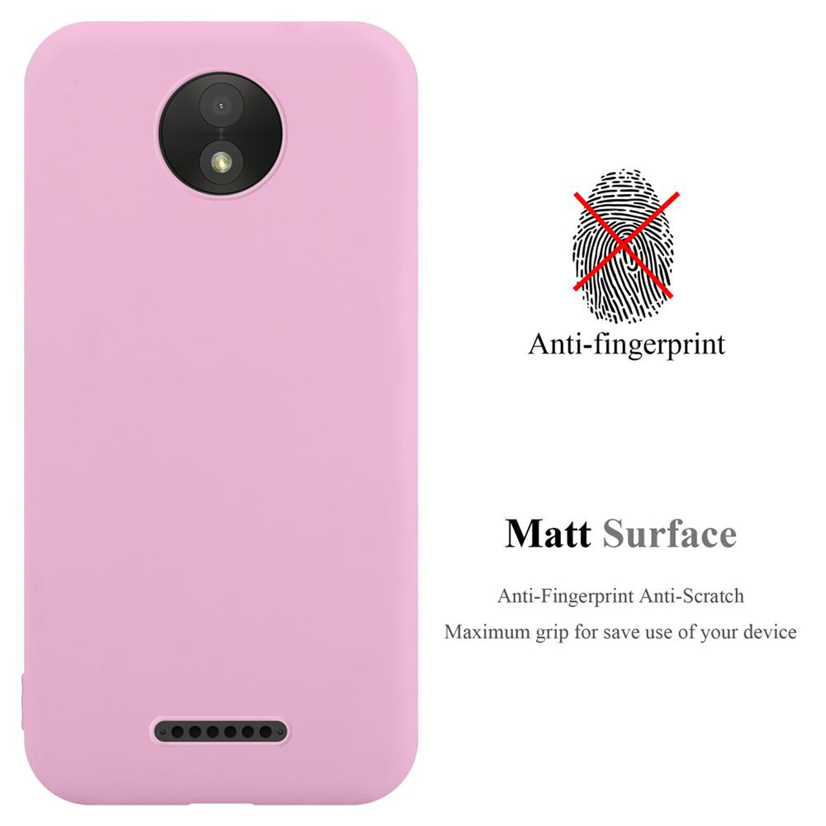 Custodia per telefono rosa con telefono rosa. Testo anti-impronta e simbolo dell'impronta digitale barrato.