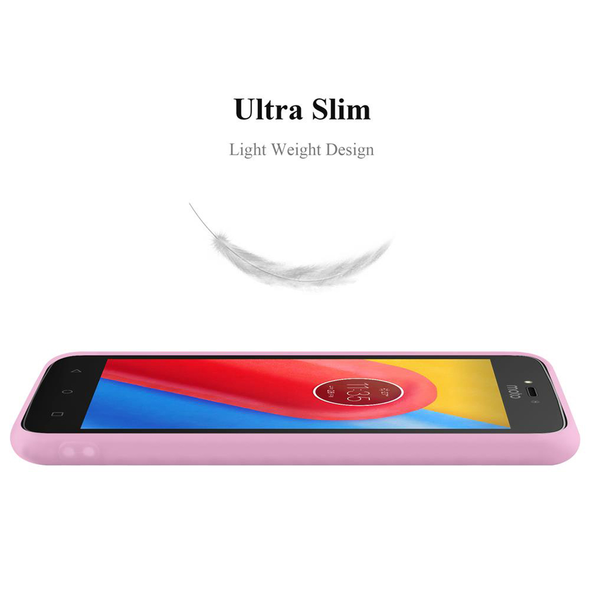 Custodia per telefono rosa con le parole "Ultra Slim, Light Weight Design" e un telefono.