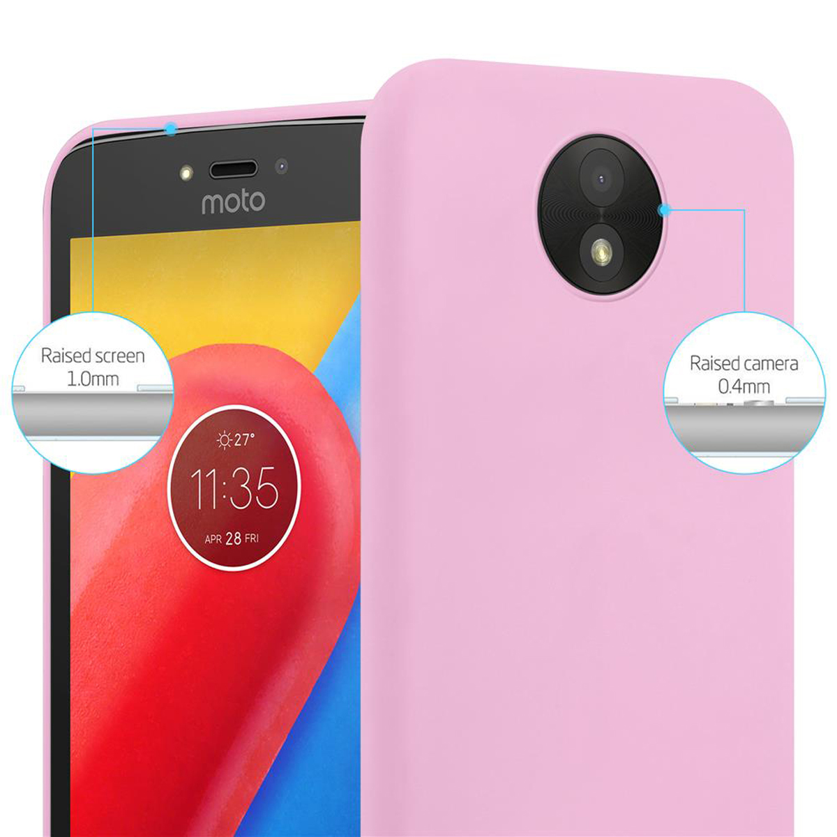 Custodia rosa su un telefono. Schermo e fotocamera sono rialzati.