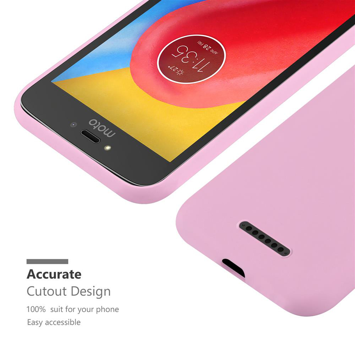 Una custodia per telefono rosa con un telefono. Il telefono mostra l'ora. Il testo recita 'Accurato Cutout Design'.