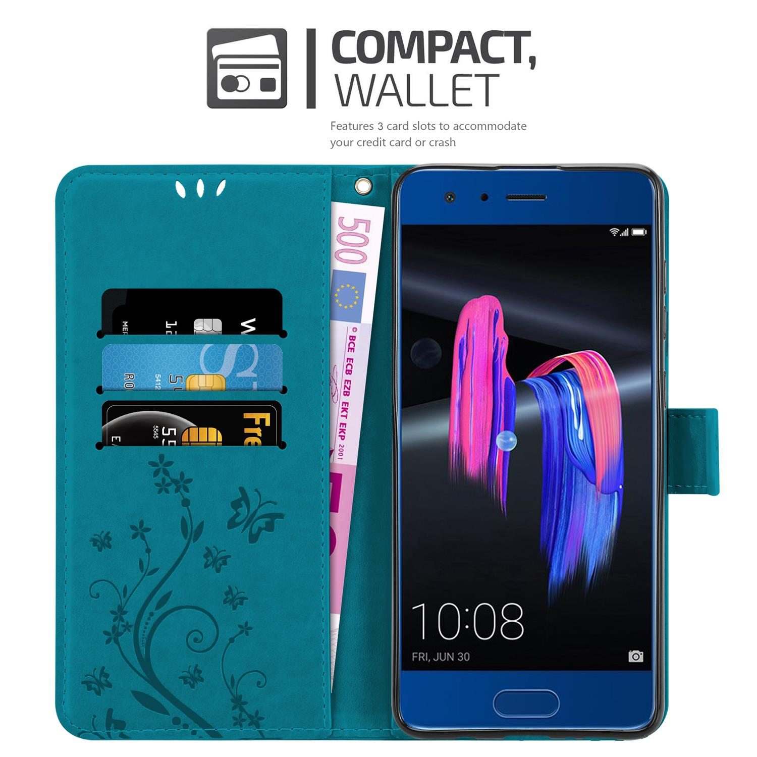 Custodia blu per telefono che funge da portafoglio. Il telefono è nella custodia, ci sono carte e denaro.