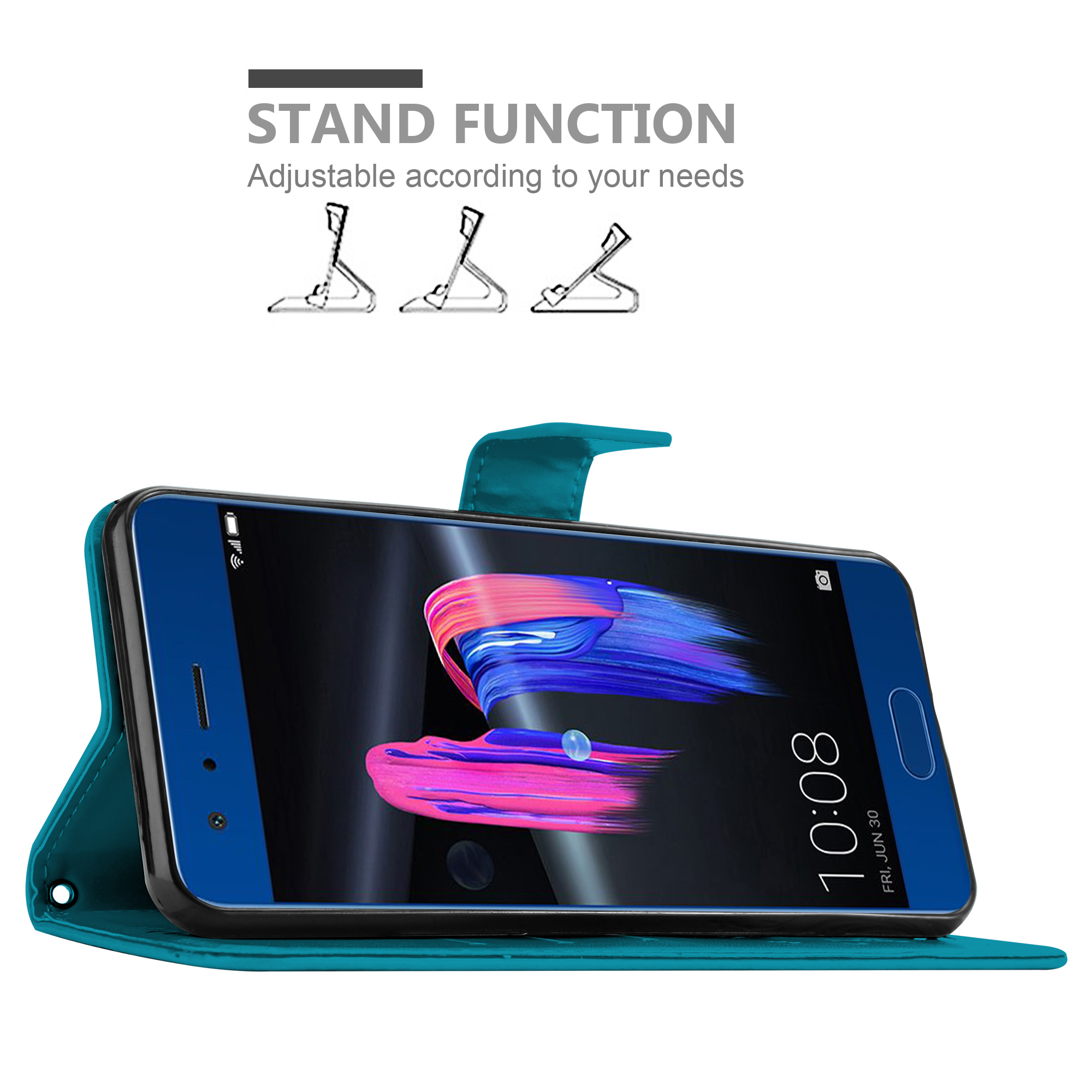 Un telefono in una custodia verde acqua, con il testo 'Funzione supporto' e un diagramma della funzione di supporto.