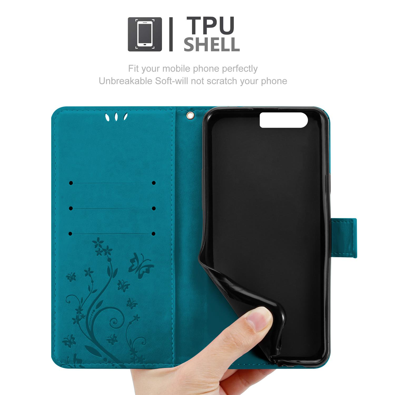 Custodia per telefono turchese aperta con telefono all'interno. La custodia ha fessure per carte e una mano la sta aprendo.
