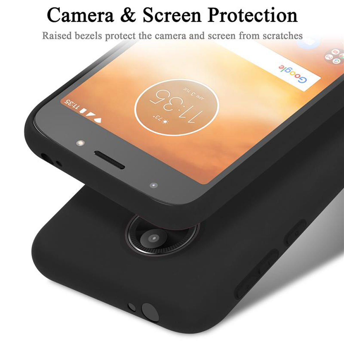 Telefono nero in custodia, che mostra la protezione della fotocamera e dello schermo.