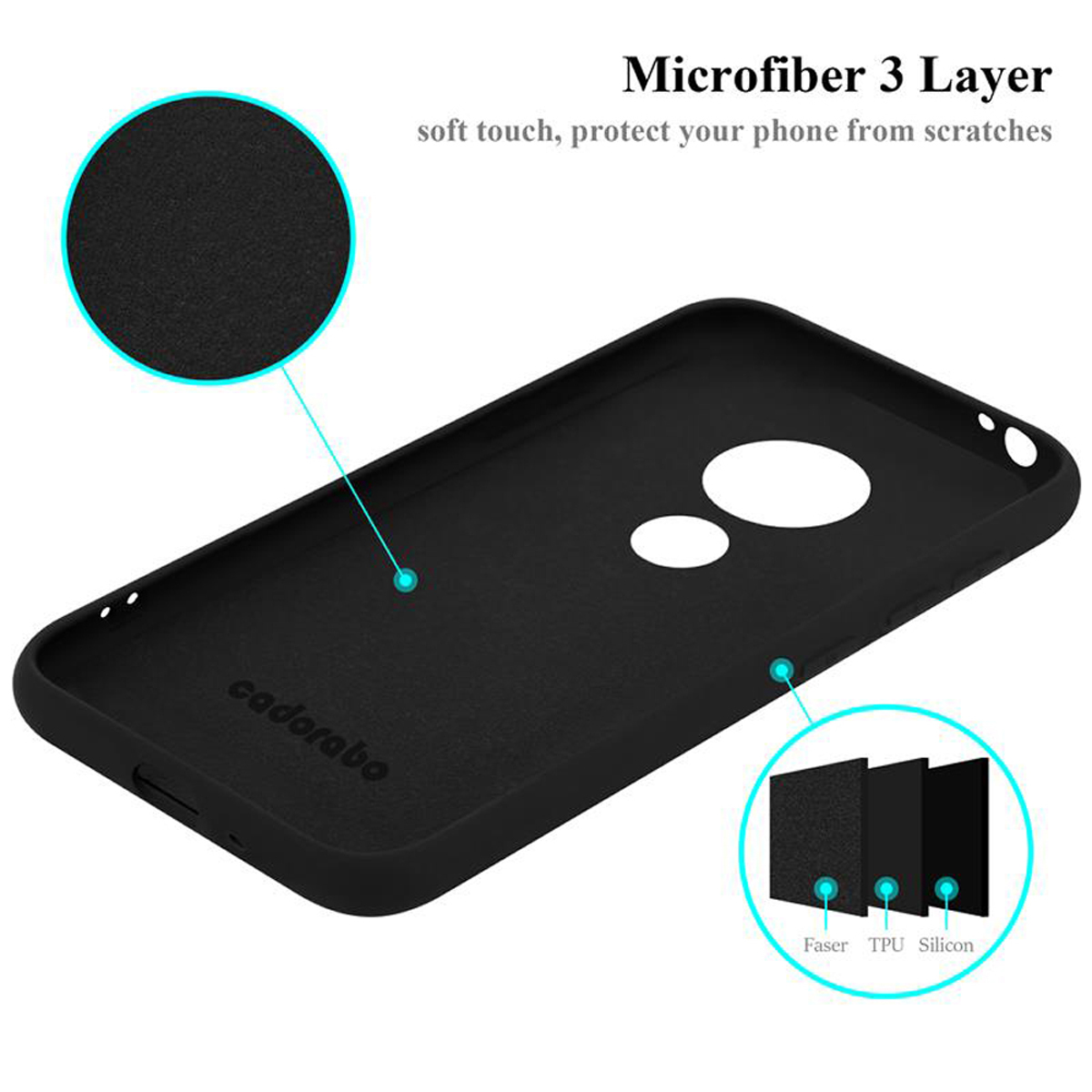 Custodia per telefono con dettagli a strati, con testo 'Microfiber 3 Layer' e un diagramma.