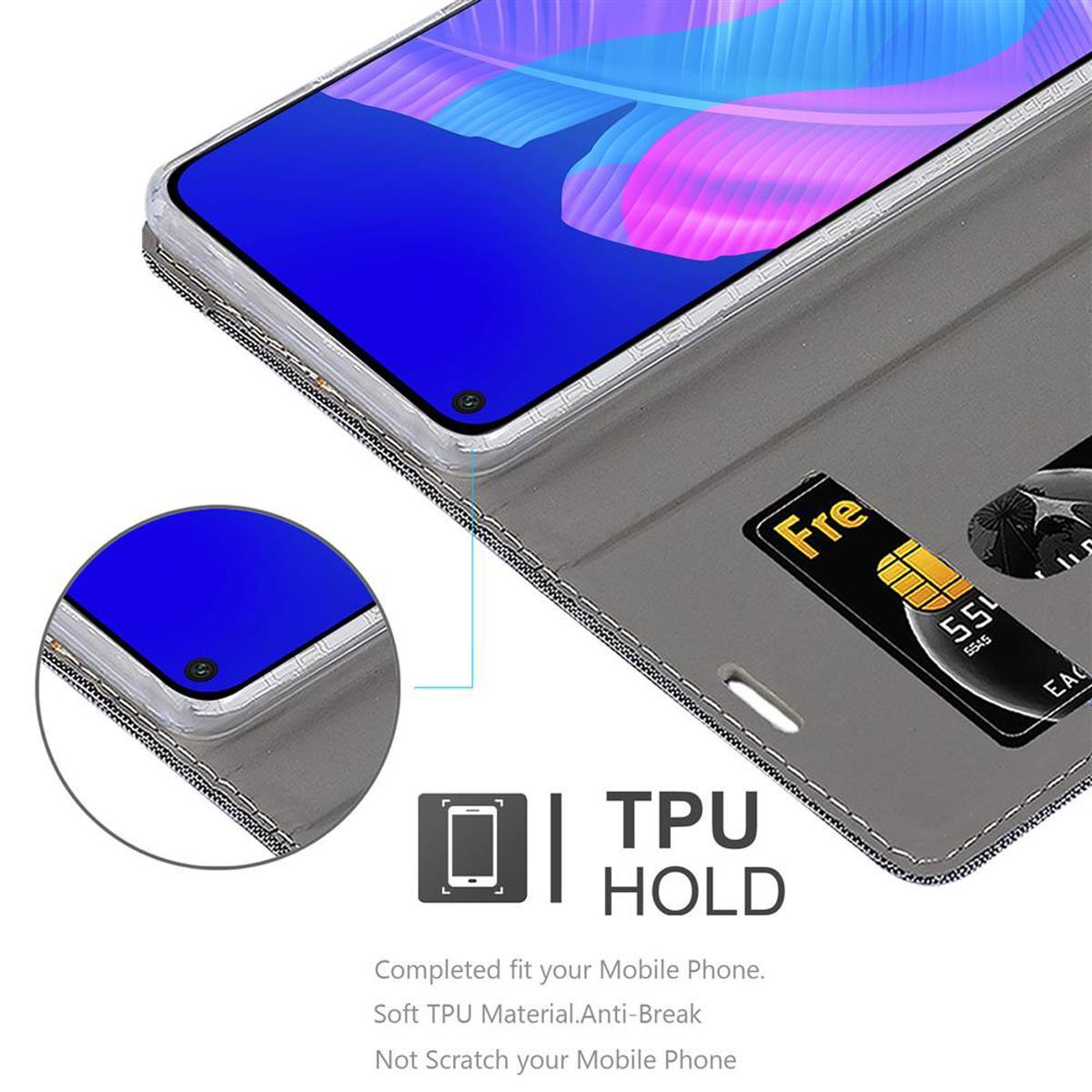 Una custodia per telefono aperta con una carta di credito nella fessura. Lo schermo del telefono è visibile e ha uno sfondo blu.