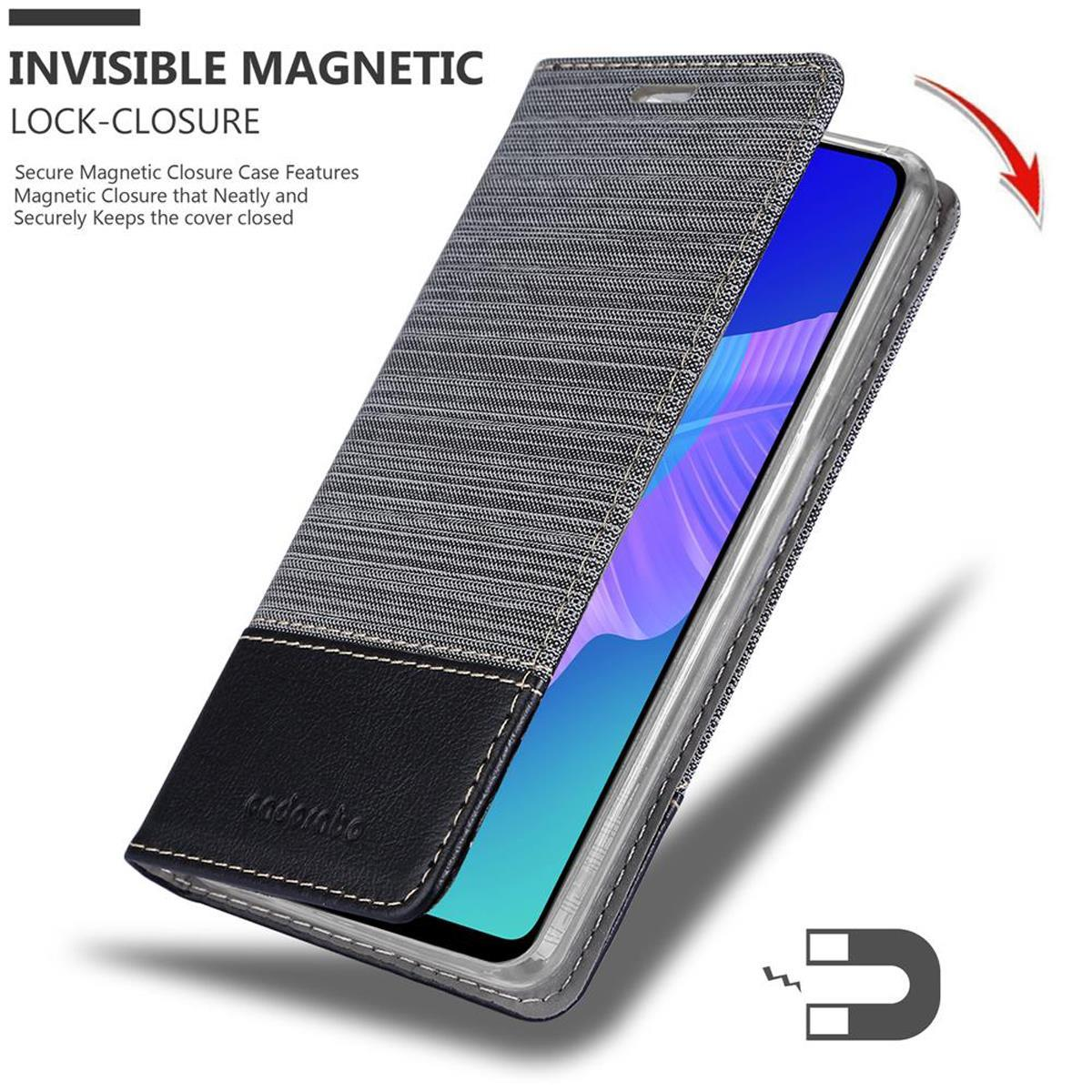 Custodia per telefono che mostra un telefono all'interno. Testo: Chiusura magnetica invisibile. È grigio e nero.