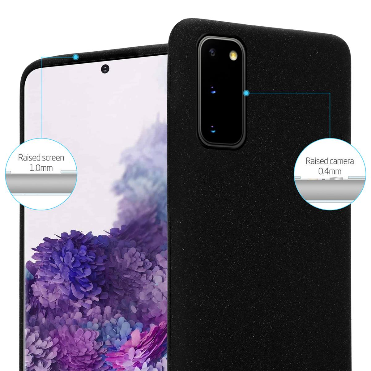 Una custodia per telefono nera con bordi rialzati per schermo e fotocamera. La custodia è mostrata in primo piano.