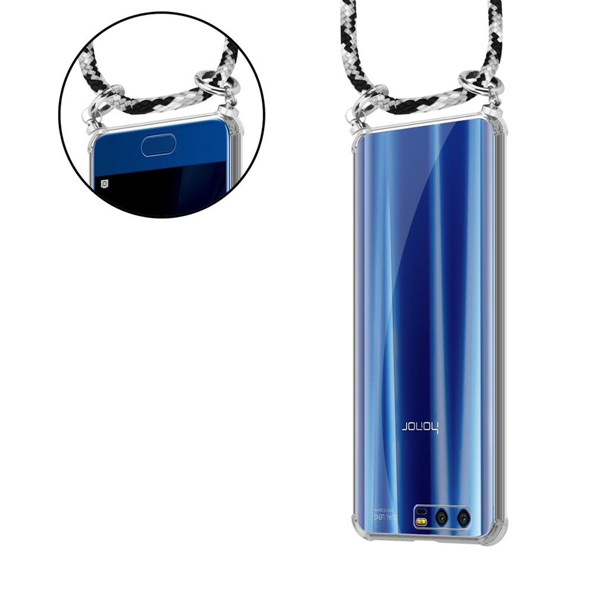 Handyhülle mit Lanyard. Honor-Telefon sichtbar. Schwarz-weißes Lanyard.