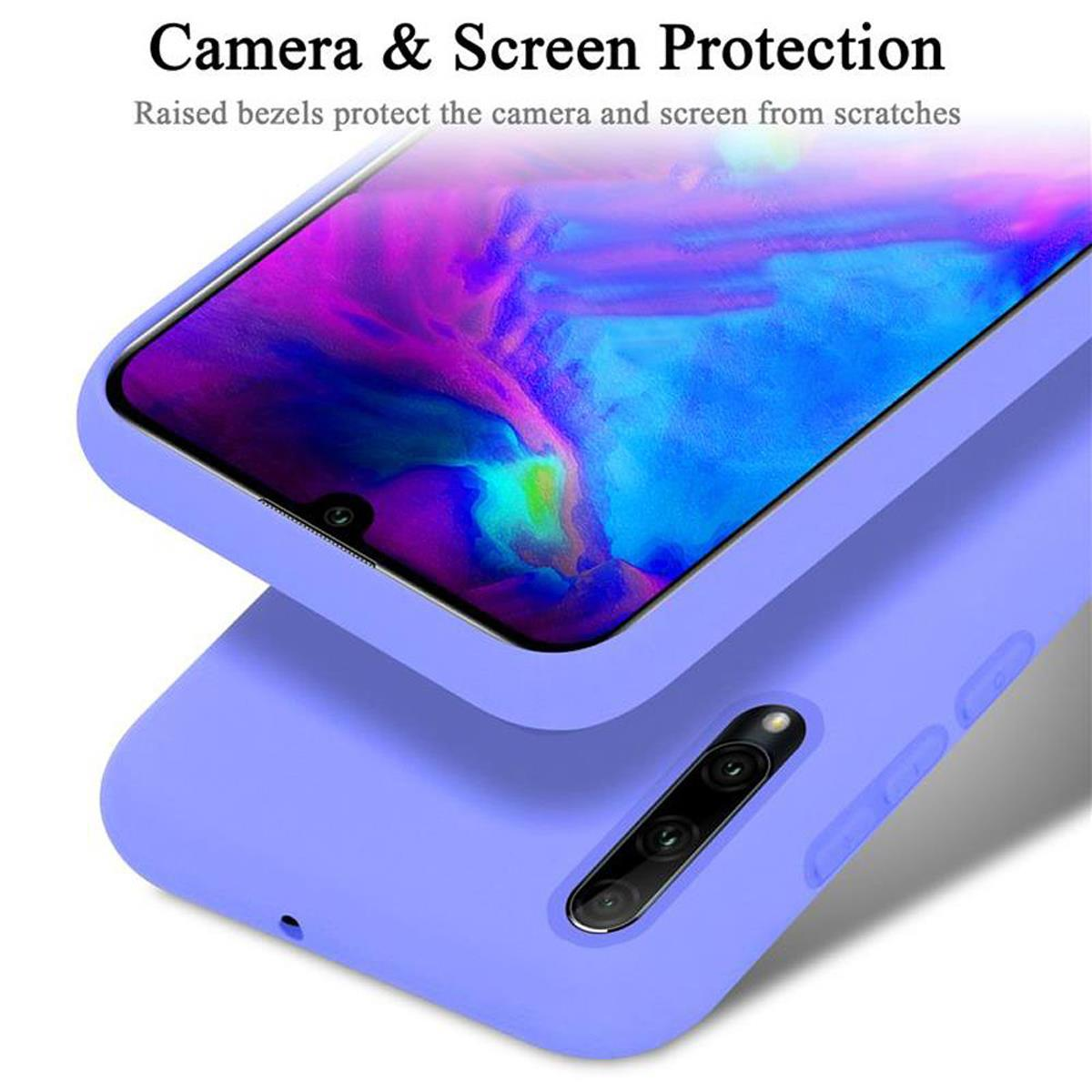 Eine lila Handyhülle schützt ein Telefon. Der Text oben lautet Kamera- und Bildschirmschutz.