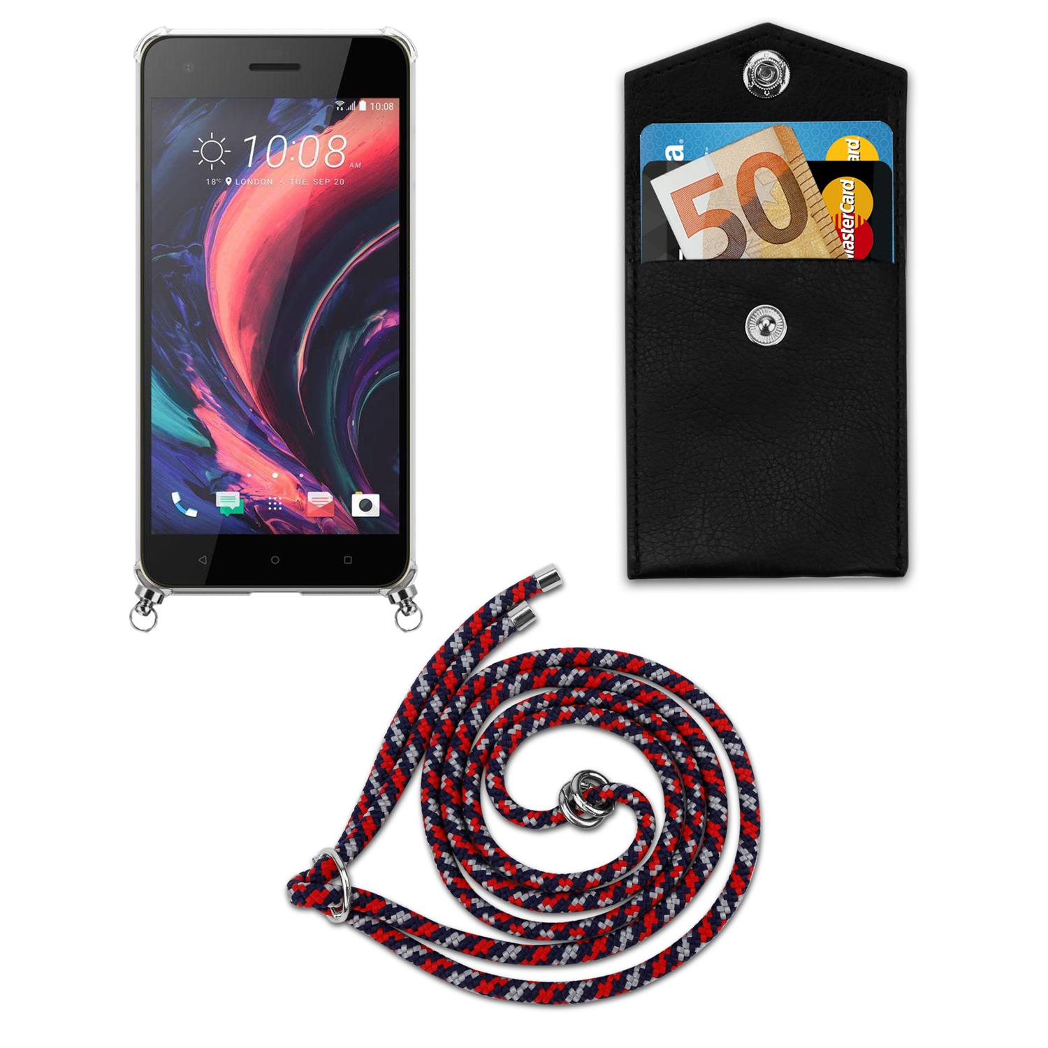 Telefon mit Hülle und Lanyard. Karten befinden sich in der Hülle. Weißer Hintergrund.