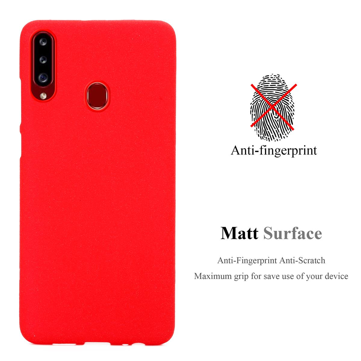 Custodia per telefono rossa con testo anti-impronta. Lo sfondo è bianco.