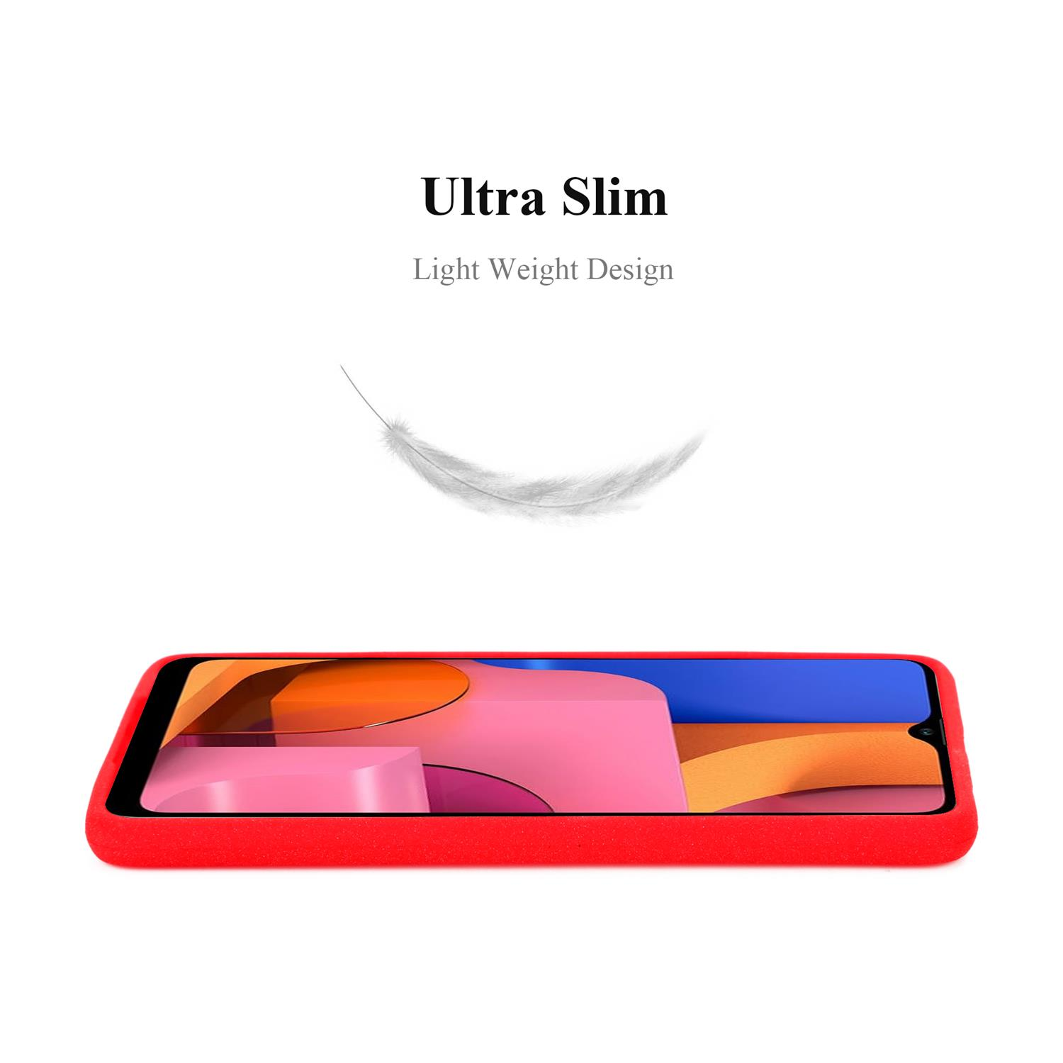 Custodia per telefono rossa con le parole "Ultra Slim, Light Weight Design" e una piuma.