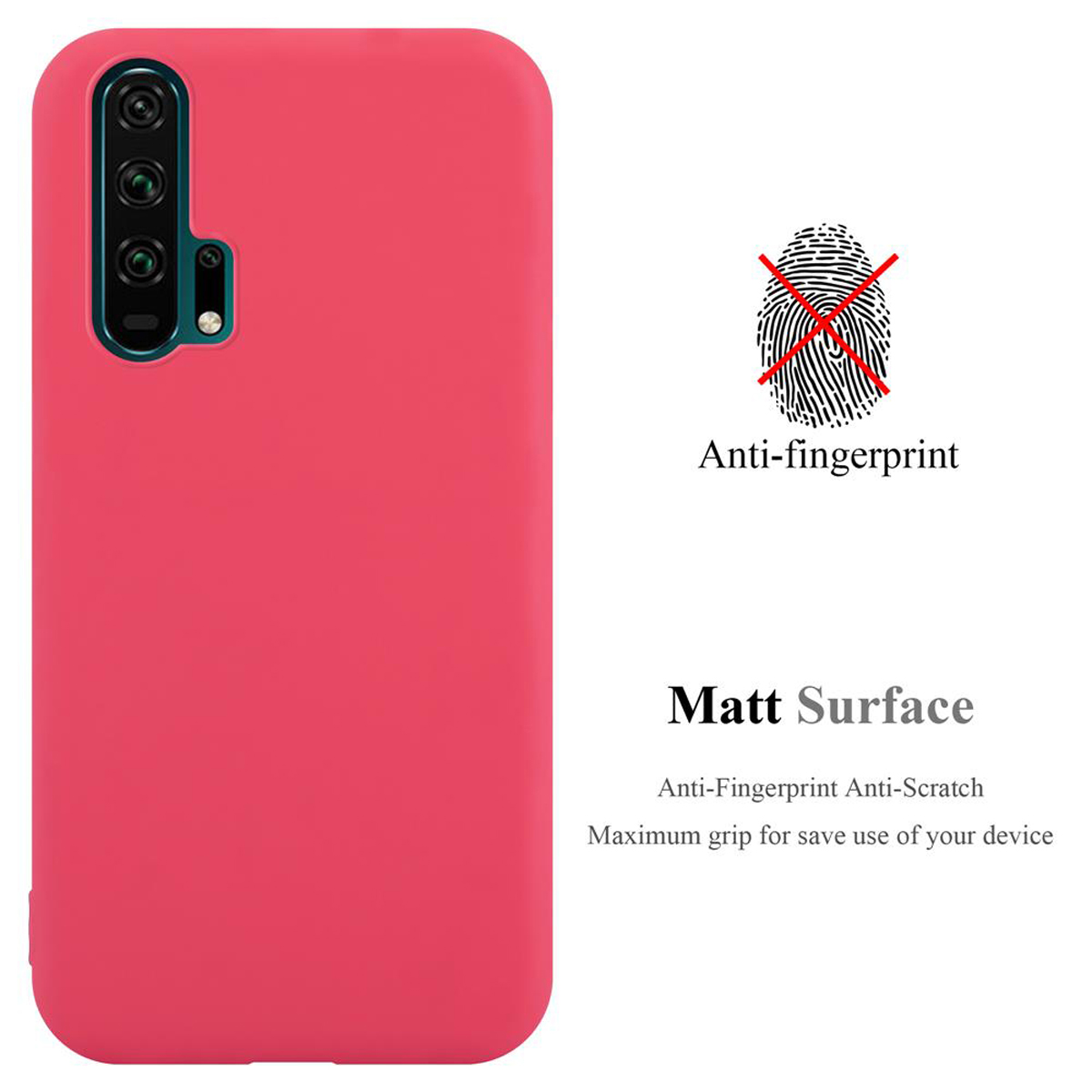 Custodia rosa per telefono. Icona impronta digitale. Testo: Anti-impronte, Superficie opaca, Antigraffio, presa.