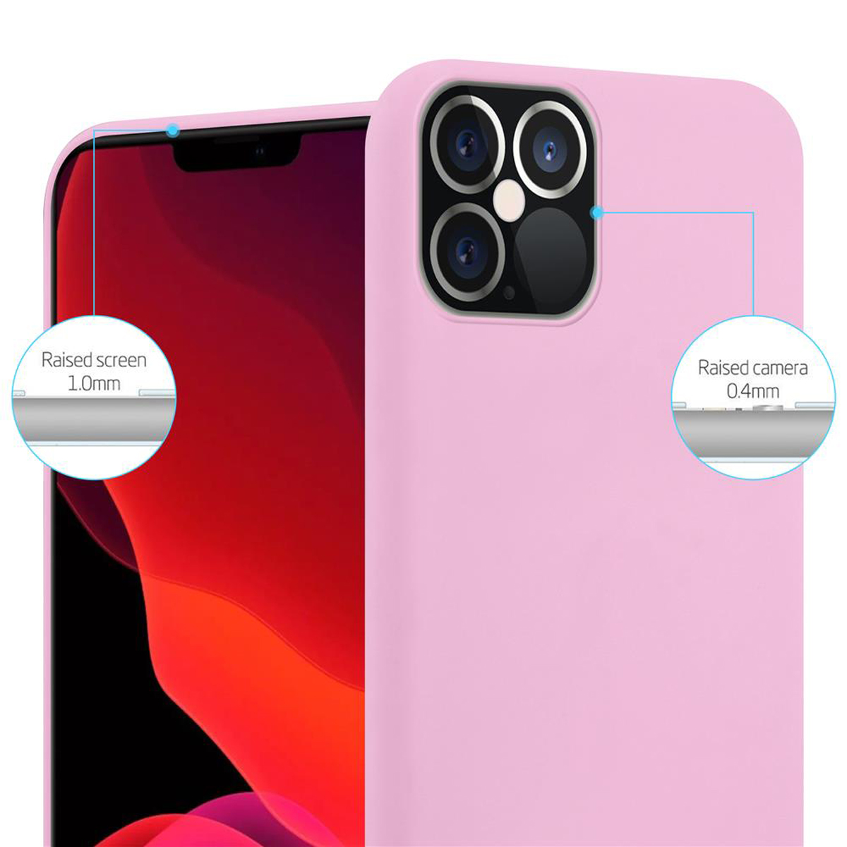 Primo piano di una custodia rosa per telefono. Sono evidenziati i dettagli dello schermo e della fotocamera rialzati.