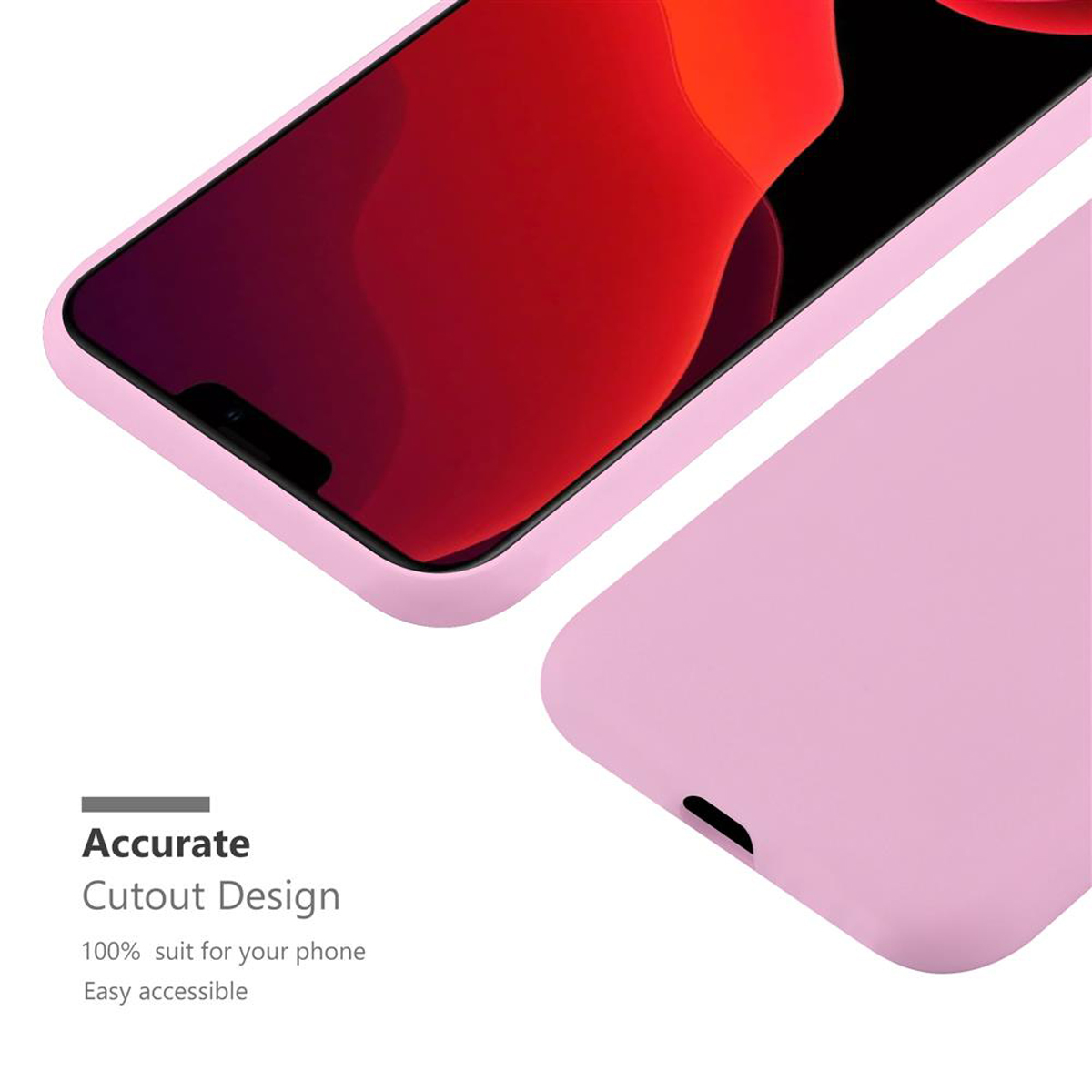 Custodia per telefono rosa. Schermo del telefono rosso visibile. Scritto Accurate Cutout Design.