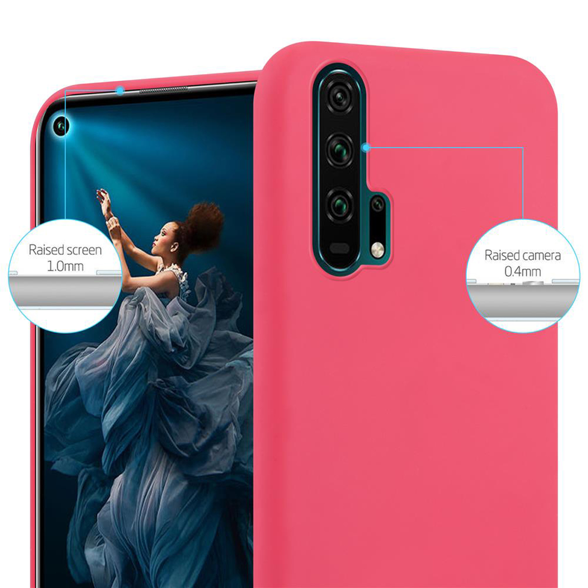 Custodia per telefono rosa. Primo piano della fotocamera del telefono e schermo rialzato. Sfondo bianco.