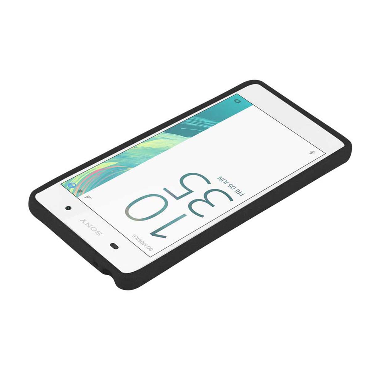Teléfono con funda negra y pantalla mostrando la hora.