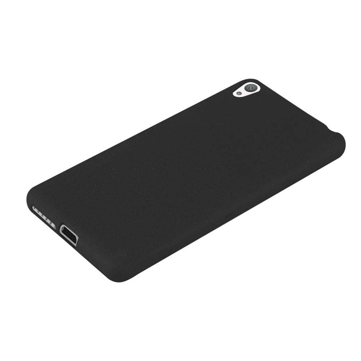 Una funda de teléfono negra sobre un fondo blanco. El teléfono tiene cámara y puerto de carga.