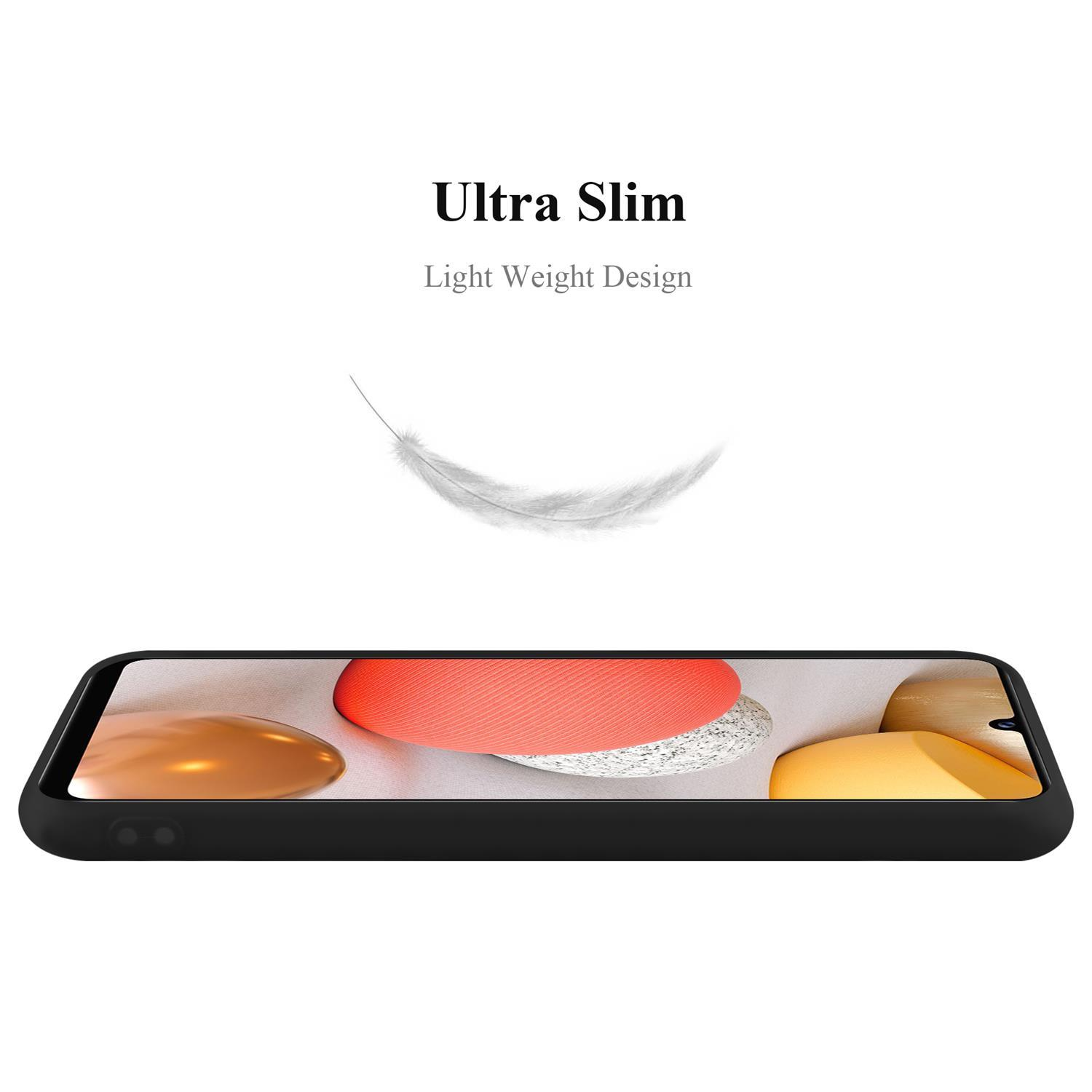 Custodia nera con schermo corallo e giallo, testo 'Ultra Slim'.