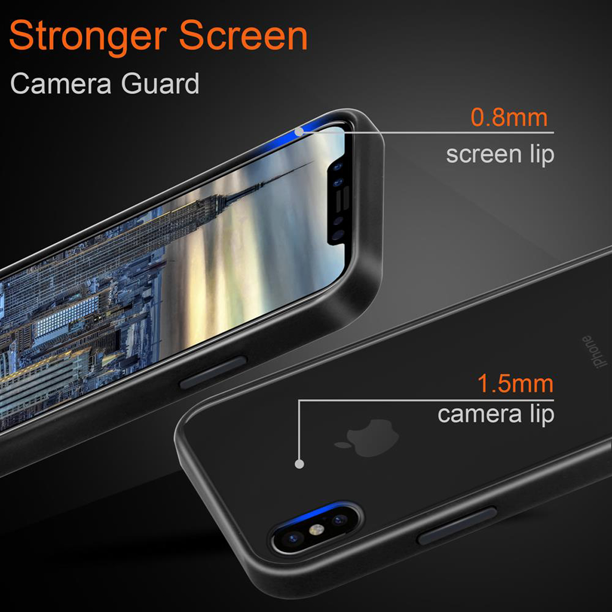 Due custodie per telefono, una con un iPhone, con un bordo per la fotocamera e un bordo per lo schermo per la protezione della fotocamera e dello schermo.