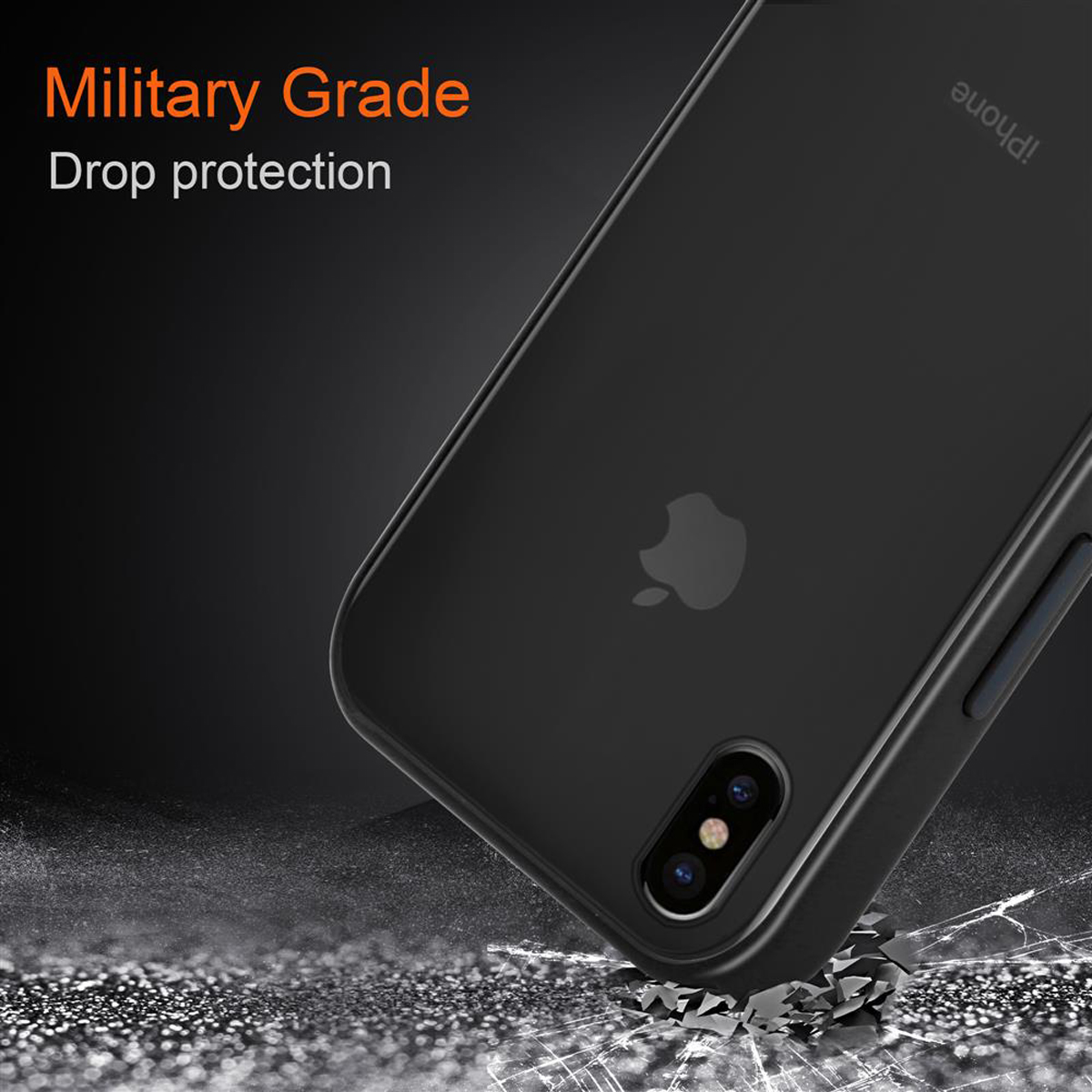 Custodia per telefono nera con testo: Protezione da caduta di grado militare. Custodia per telefono a terra.