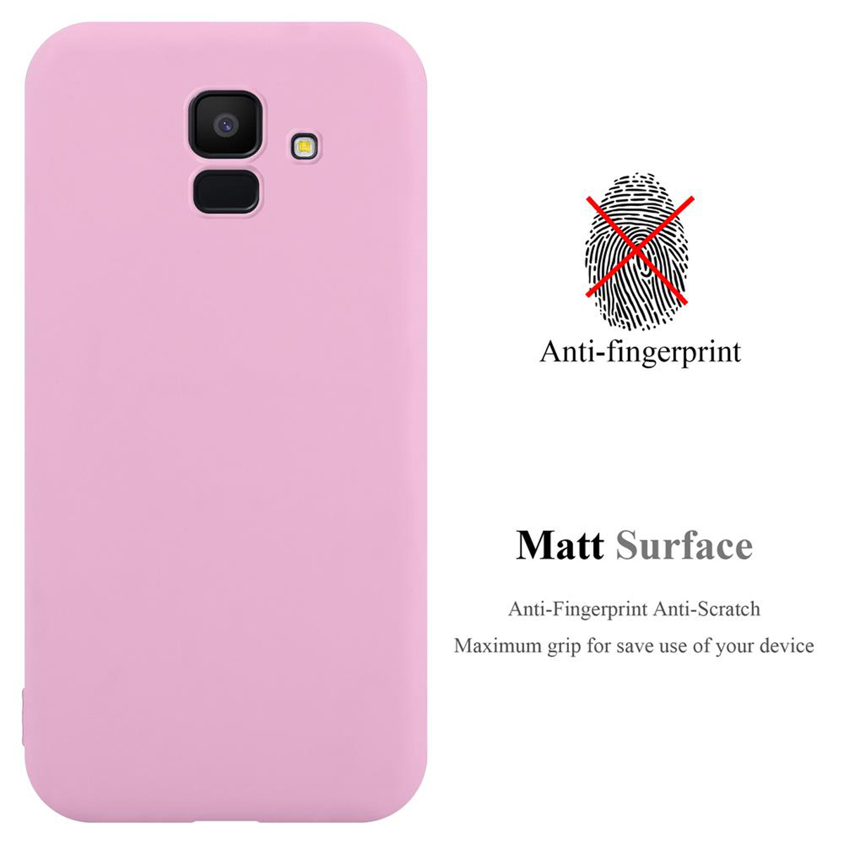 Rosa Handyhülle mit Anti-Fingerabdruck-Markierung, mit Text über Oberfläche und Grip.