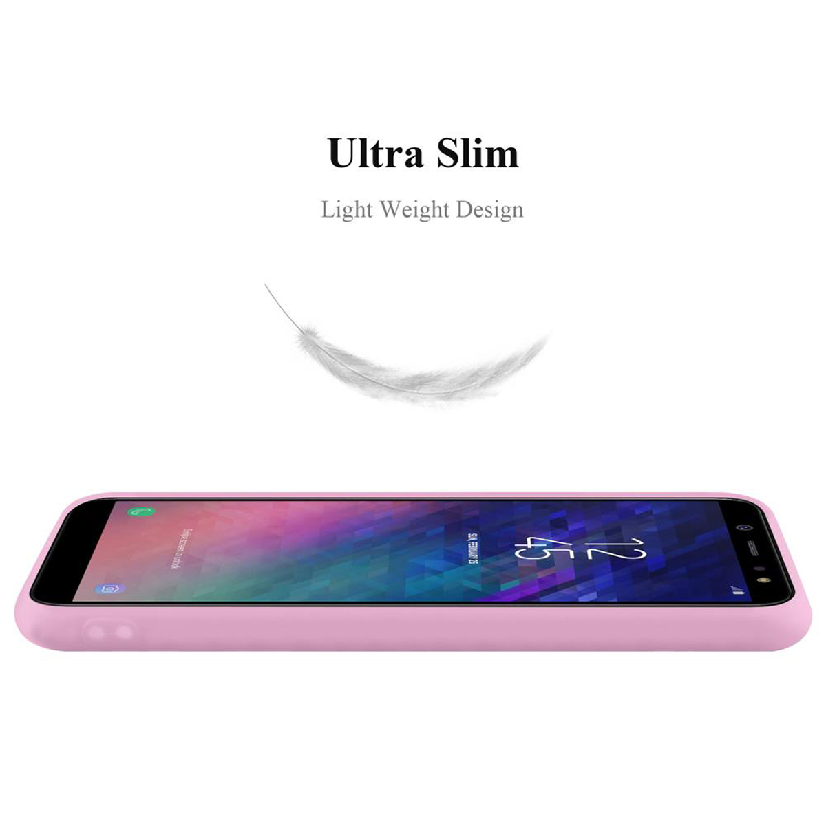 Rosa Telefon auf Weiß. Text: Ultra Slim, Light Weight Design. Federgrafik über dem Telefon.